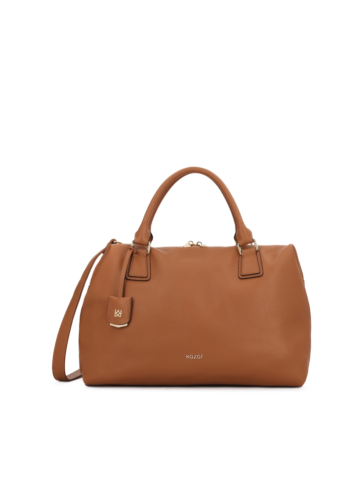 Large light brown handbag with two handles and a strap