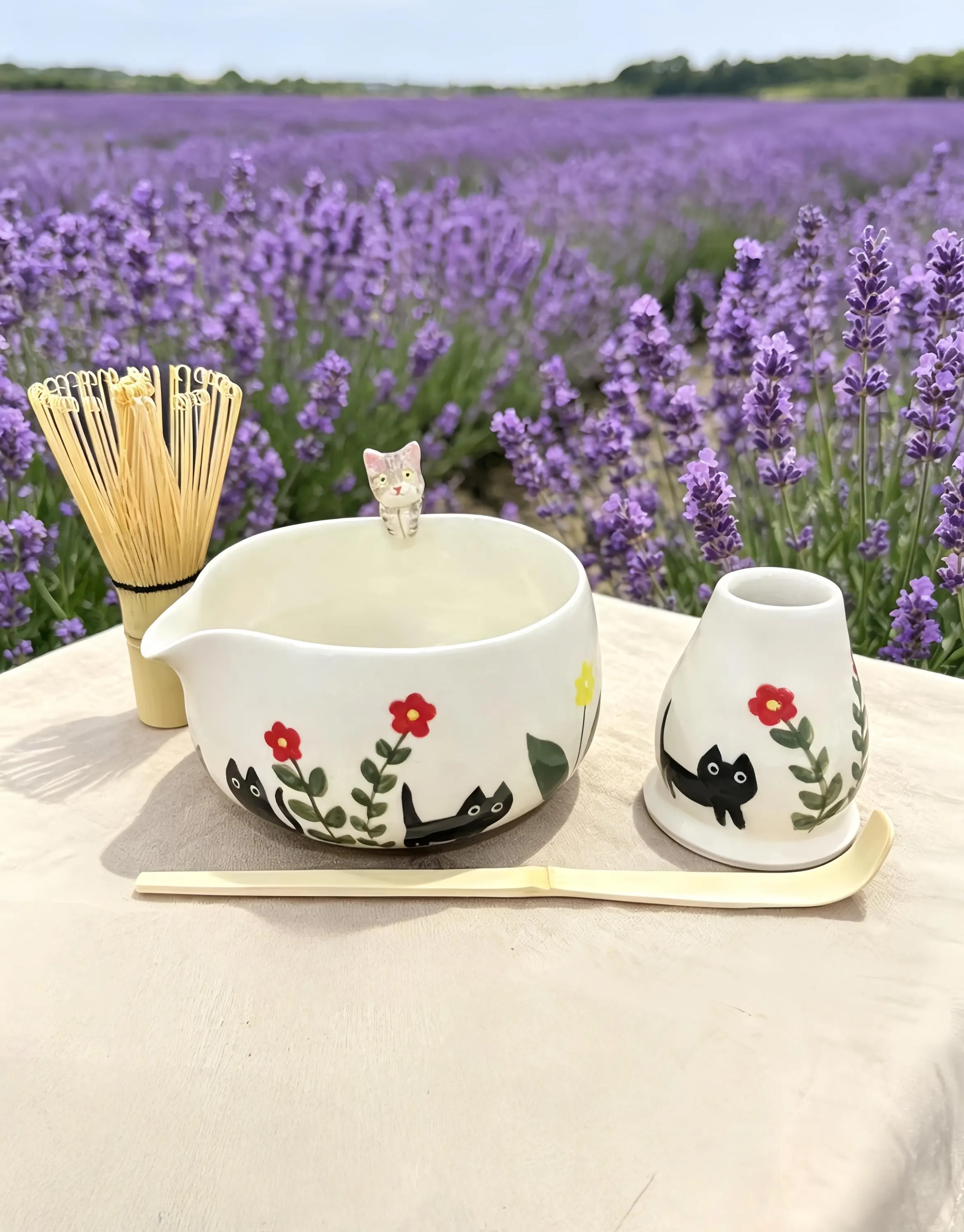 Custom Flower Cat Ceramic Matchat Set,Personalized Pet Ceramic Matcha Bowl,Memorial Gift for Pet Lovers,Peekaboo Bowl,Hidden Animal Bowl