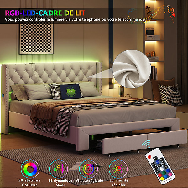 Lit 160x200 avec Sommier, Lit Coffre avec 2 Tiroirs et Hydraulique Rangement, Lits Double Rembourré en Velours,Beige