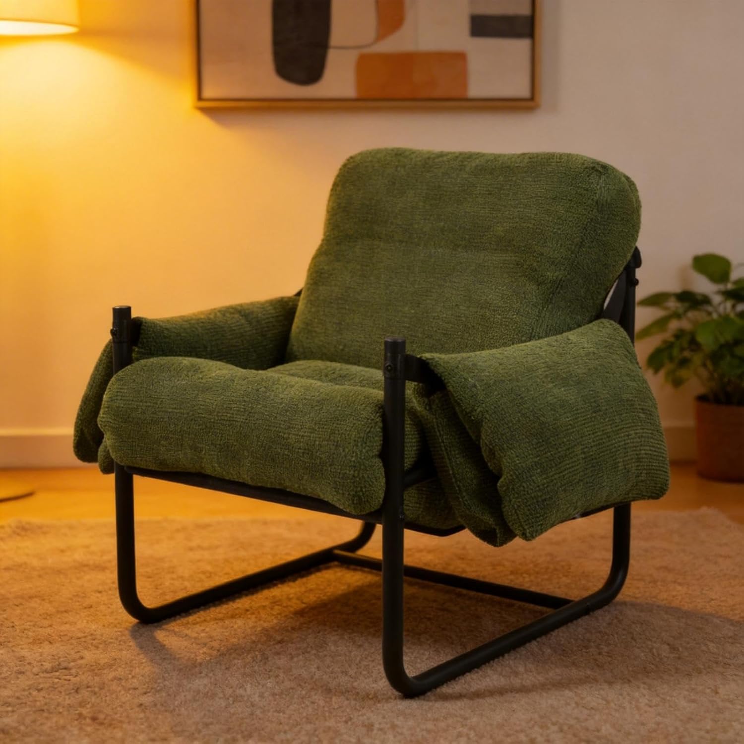 Kinfant Mid Century Modern Accent Chair, Chunky Upholstered Armchair with Metal Frame, Oversized Lounge Chair for Living Room Bedroom Small Spaces, Textured Chenille Fabric, Green