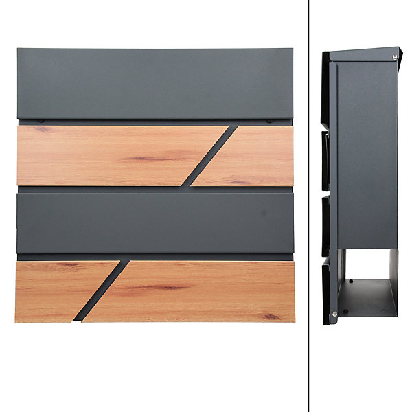Boîte aux lettres anthracite/imitation bois support argenté en acier inoxydable
