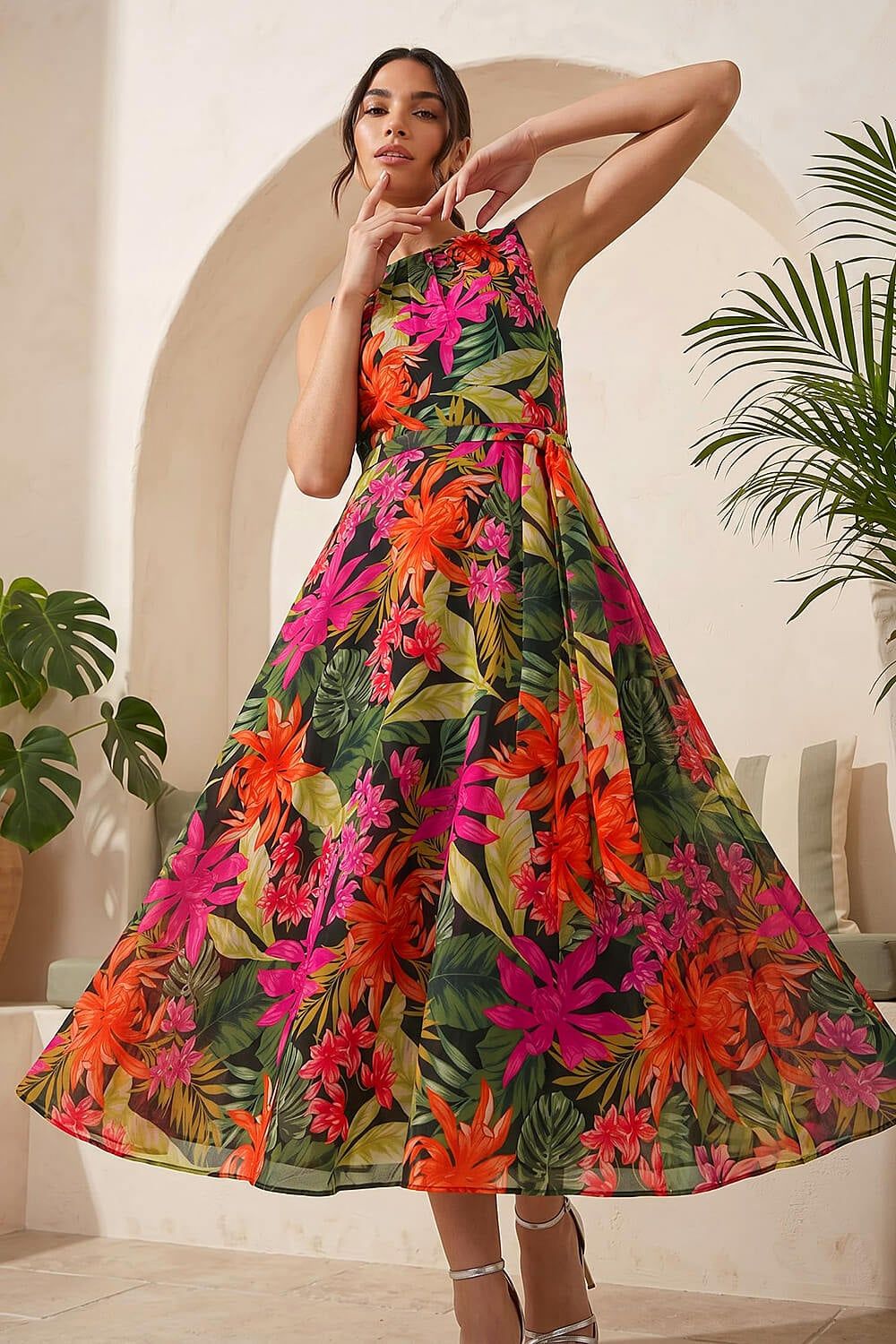Roman Leaf Print Chiffon Pleat Neck Midi Dress