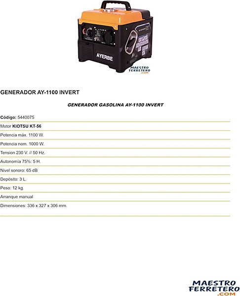 Groupe électrogène inverter 1100 W moteur Kiotsu KT-56 démarrage manuel