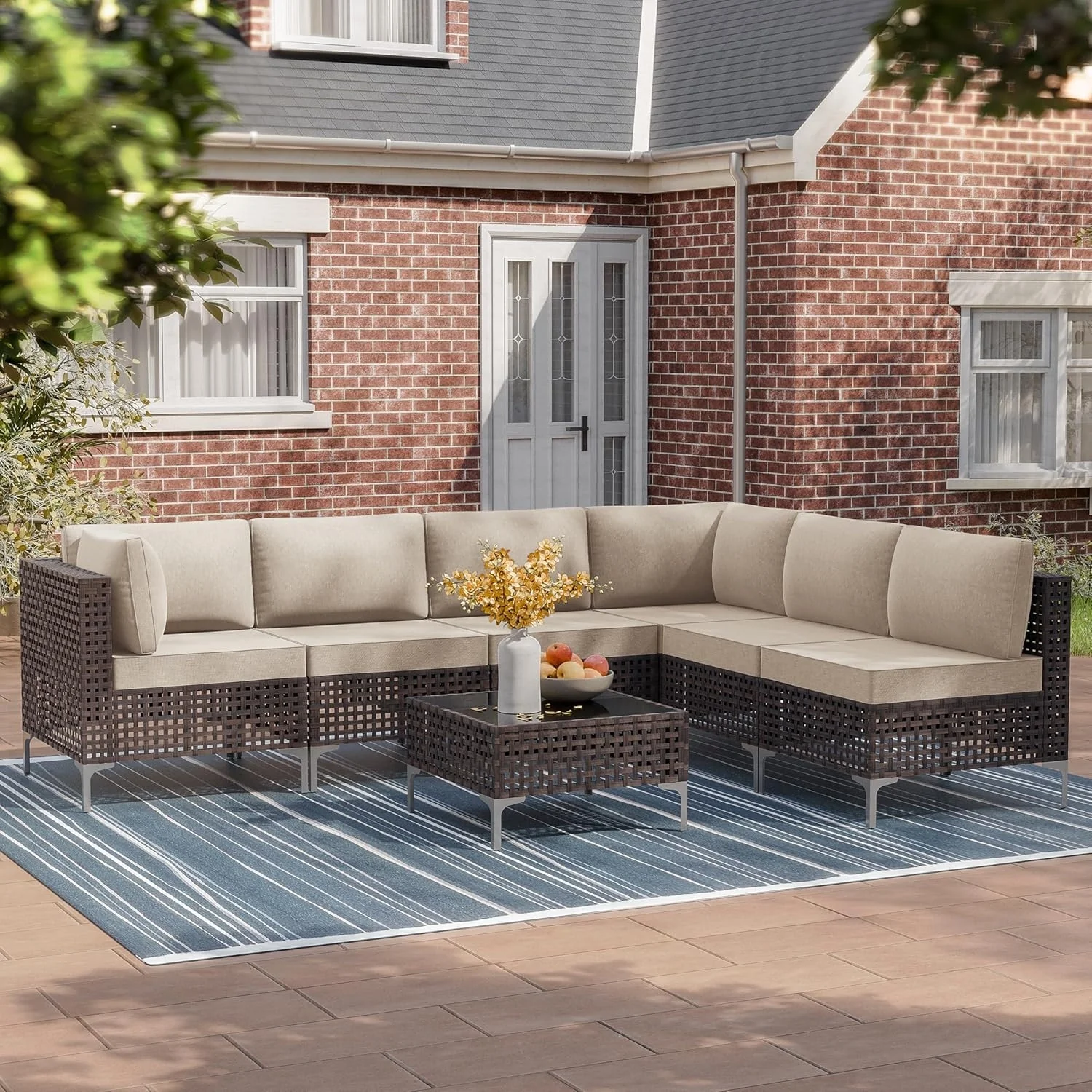 Outdoor Patio Conversation Sectional Sofa Set, Modern Grid Rattan with Cushions and Side Table