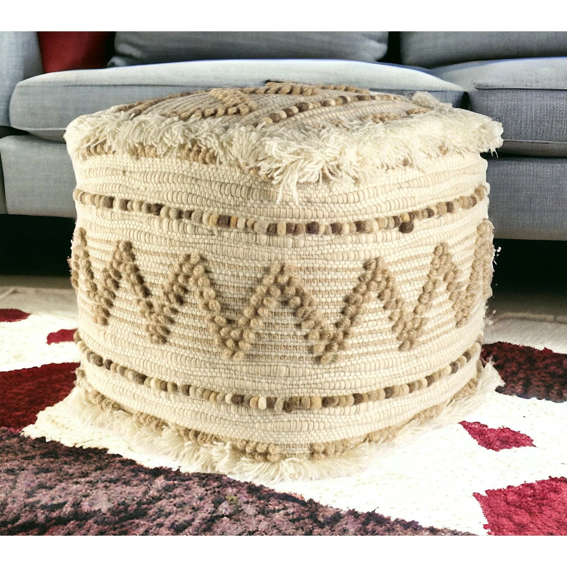 18 Inch Beige Ottoman Cube Geometric Pouf for Bedroom or Living Room