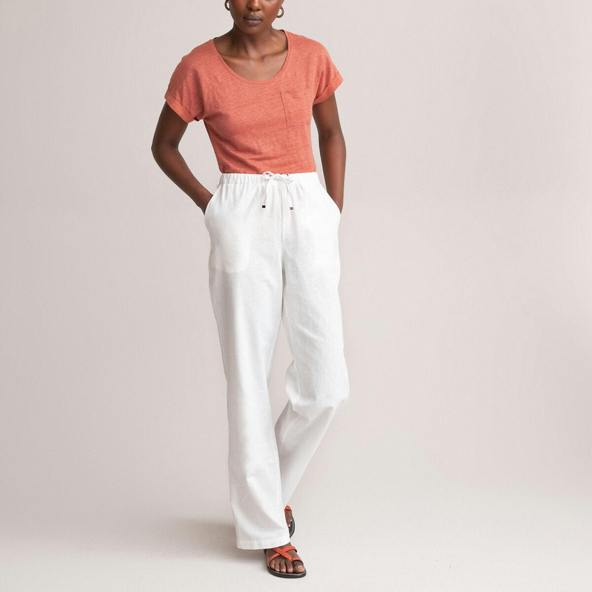 Pantalon large, en lin et coton