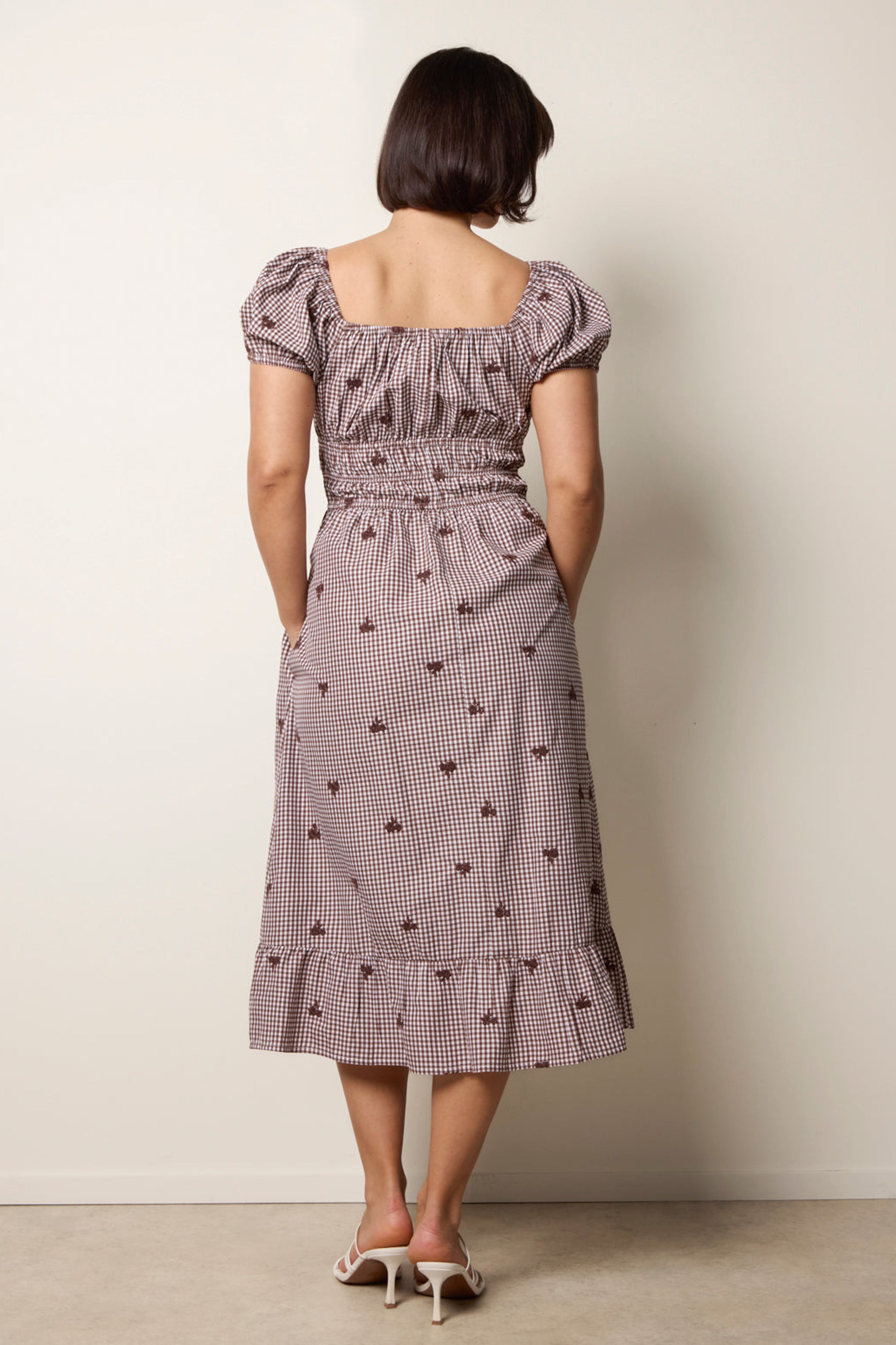 Blue Vanilla Brown Gingham Milkmaid Midi Dress