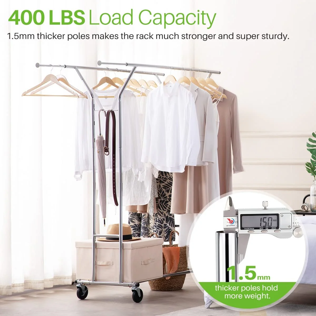 Clothes Rack Heavy Duty Load 400Lbs, Rolling Clothing Racks,Collapsible ＆ Portable Clothes Rack with Wheels