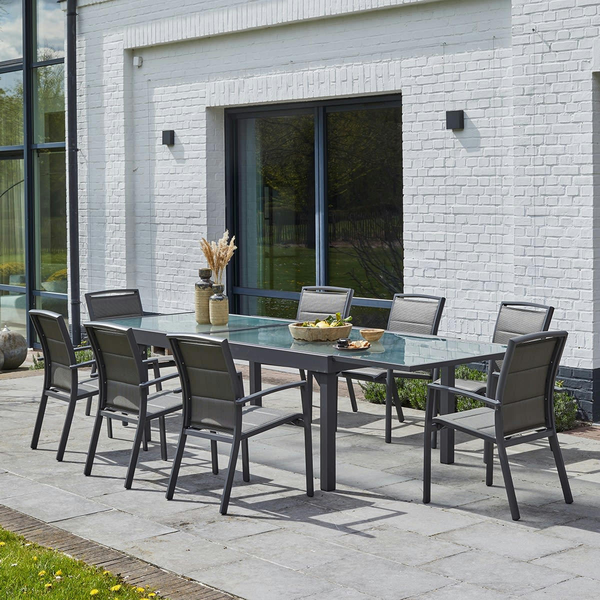 MODULO - Salon de jardin en aluminium gris extensible 8/12 pers.