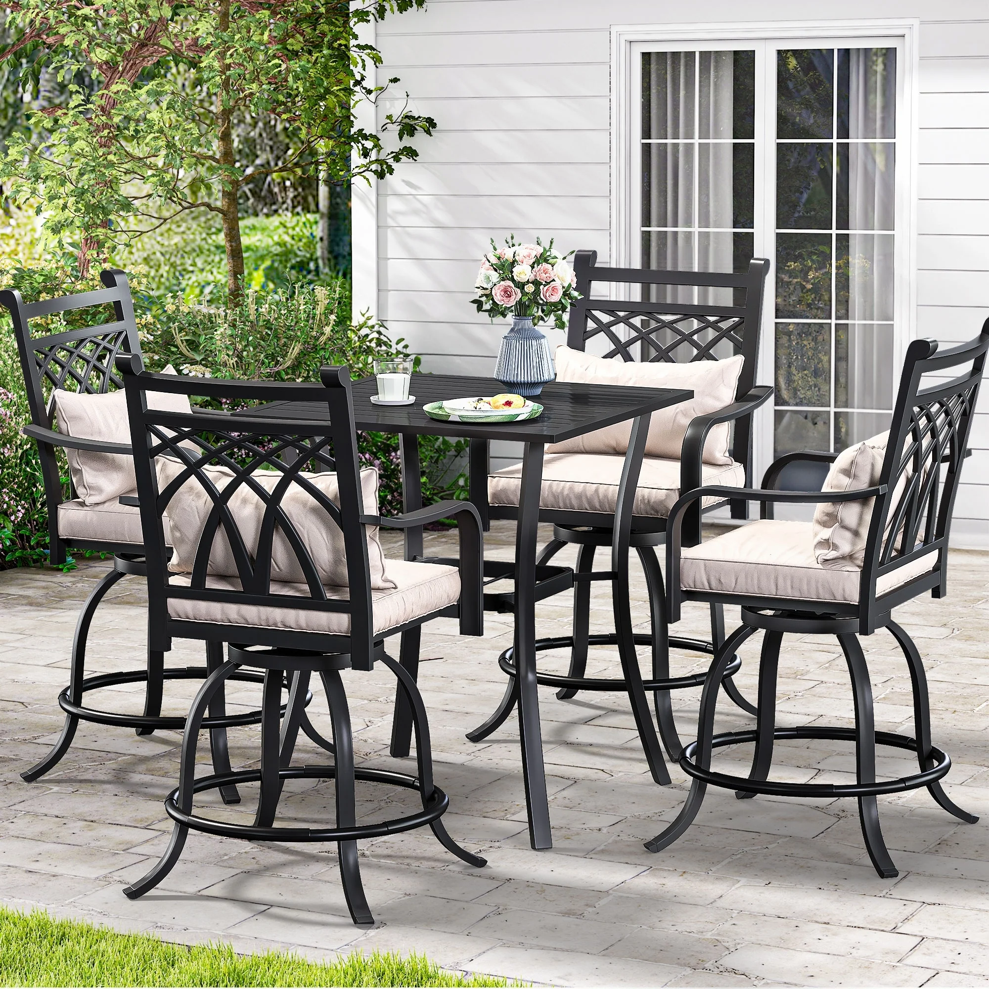 Outdoor Swivel Dining Set with 29W Cushion Chairs, Patio Table