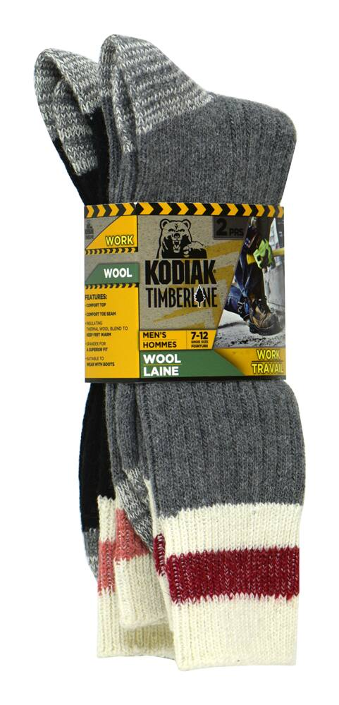 Kodiak Men's Wool Crew Work Socks with Moisture-Wicking, 2-pk, Black/Grey