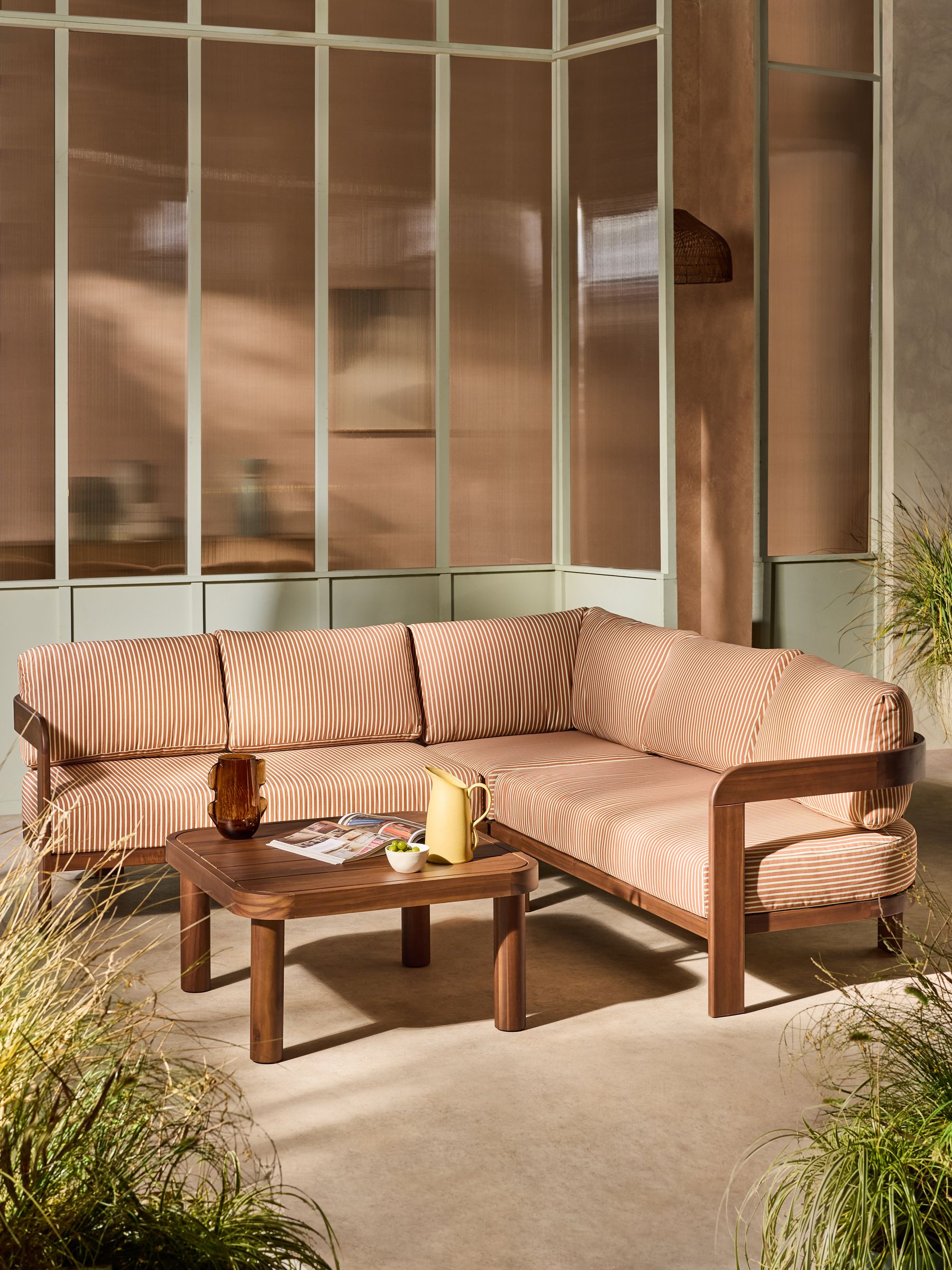 Eliana Garden Corner Lounge Set in Rust and Green Stripe