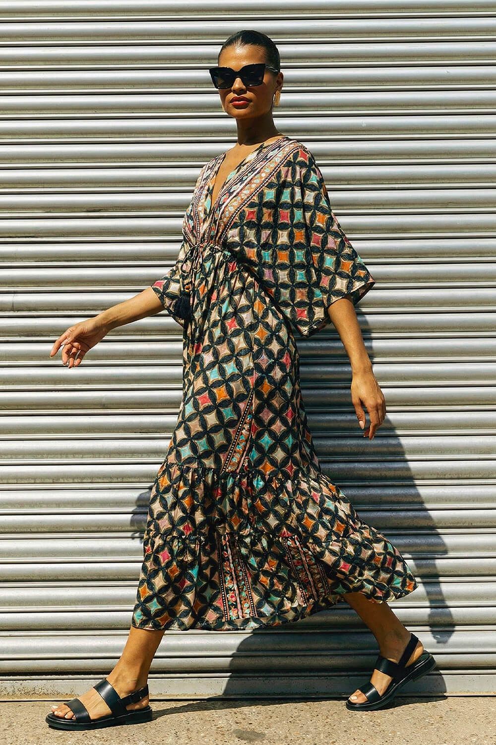 Roman Geo Print V-Neck Frill Maxi Dress