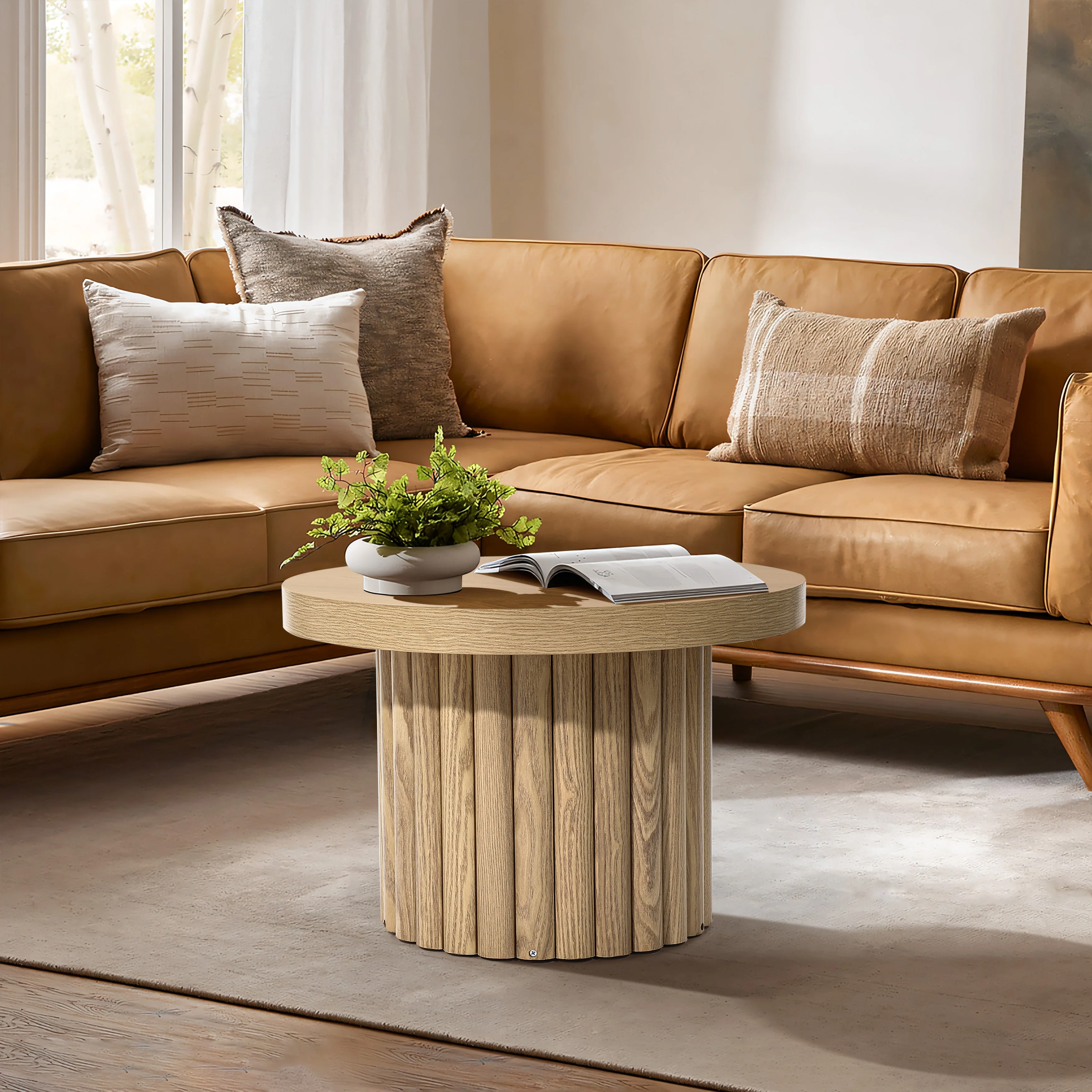 Brown Wood Fluted Round Coffee Table - 16.14 H x 23.62 W x 23.62 D