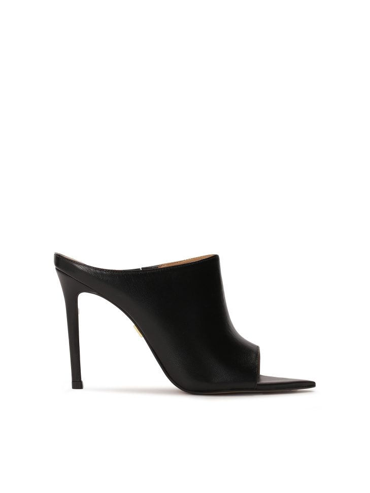 Black stiletto mules with a pointed nose