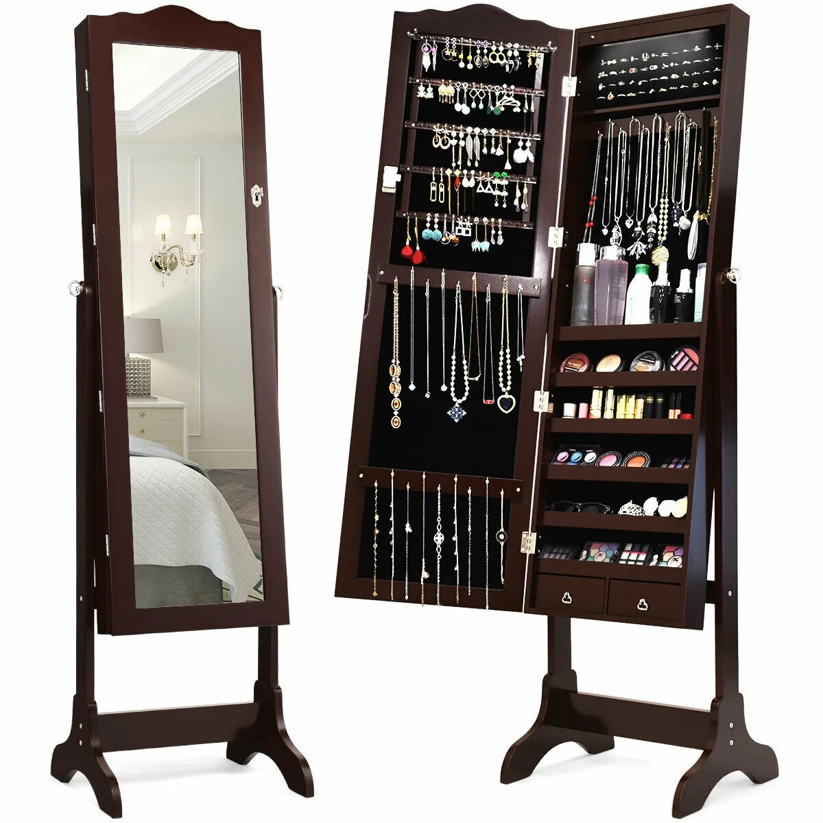 Gymax Mirrored Jewelry Cabinet Armoire Storage Organizer w/Drawer &