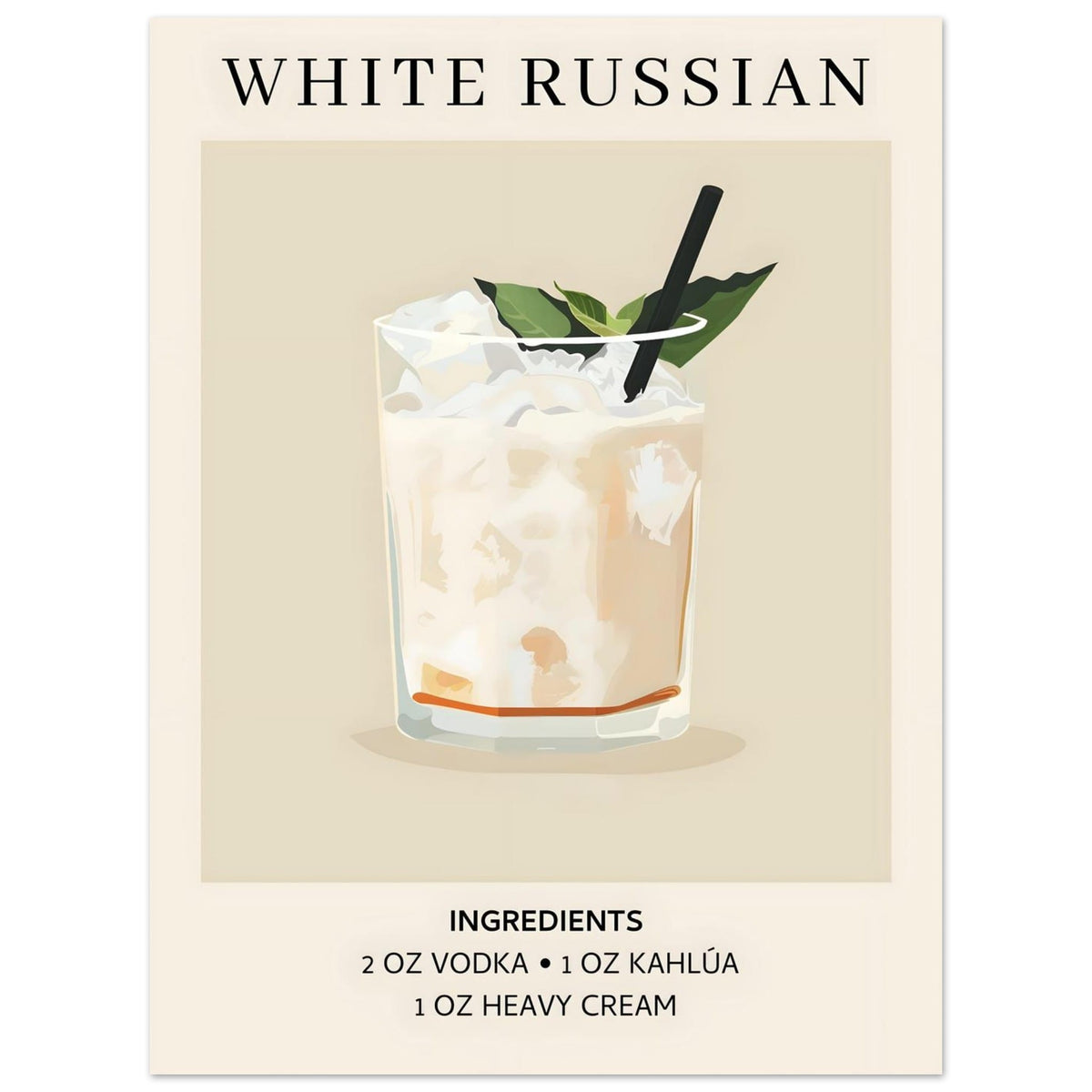 Artfulprints Poster White Russian cocktail - Ingrediënten  - 30x40 cm - Wit