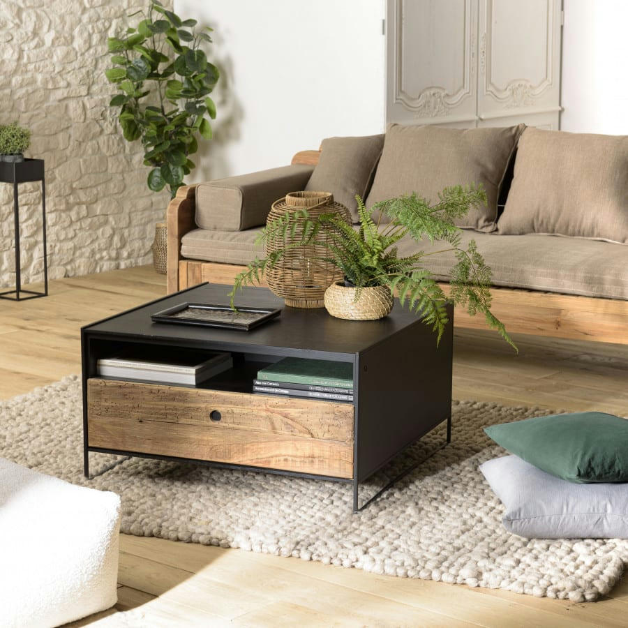 ANDREA - Table basse rectangle pin recyclé 80x80