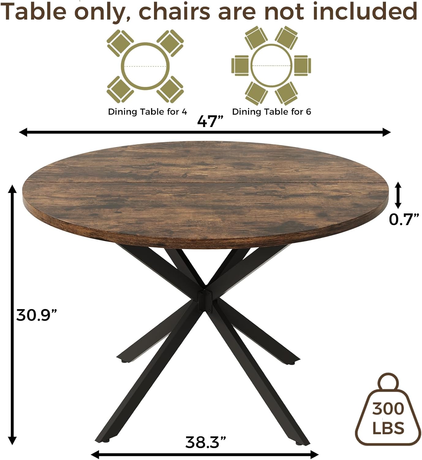 Vantic 47 Round Dining Table for 4-6 People, Farmhouse Wood Kitchen Table for Small Space,Circle Dining Table with Metal Base for Kitchen & Living Room, Rustic Brown