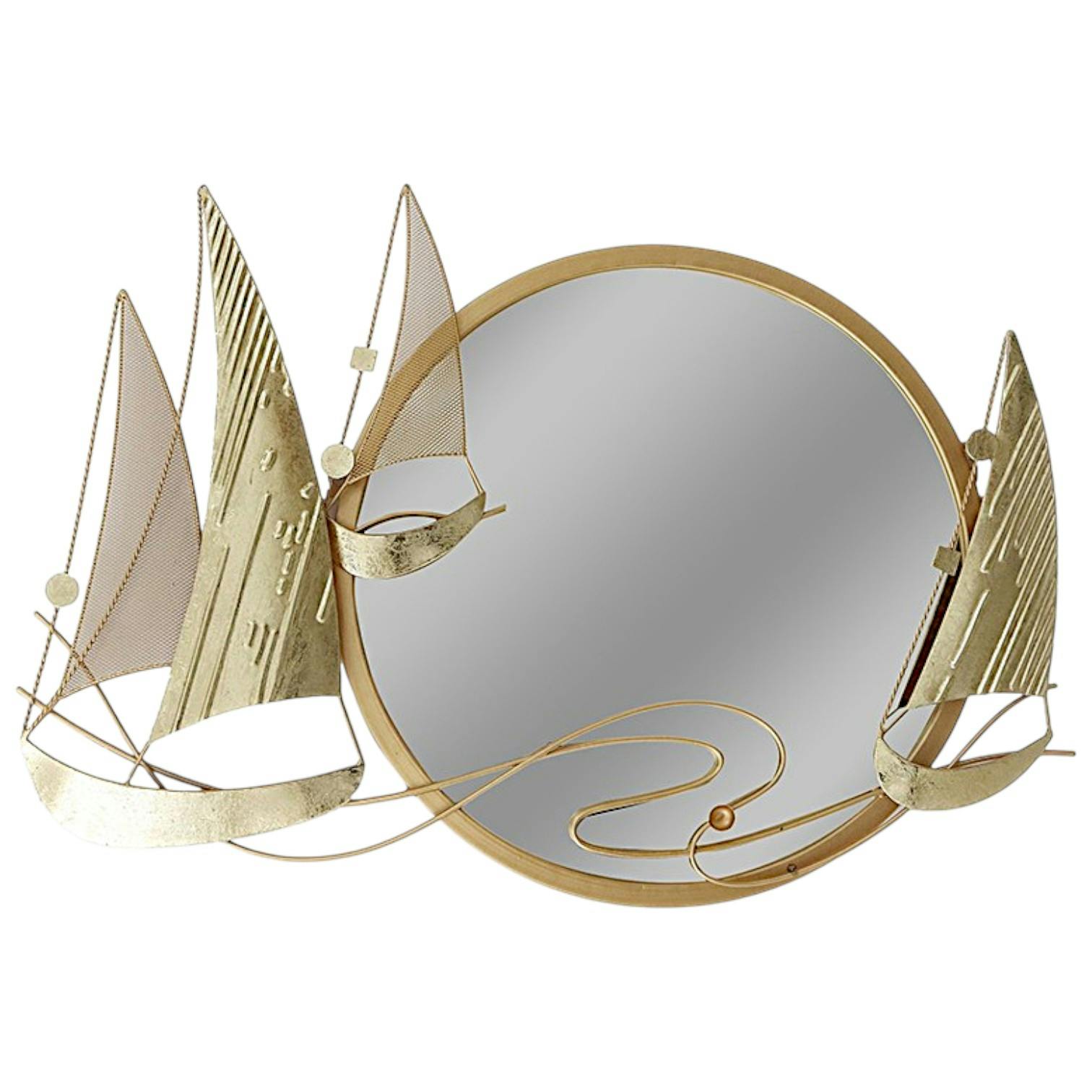Décoration murale en métal avec miroir rond et bateaux dorés