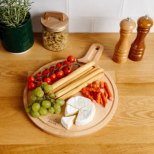 Creative Home Pizza Planche a Decouper en Bois 40x30x1,5cm - Poignée Rainure pour Jus et Espace pour Bol - Bois de Hêtre Naturel