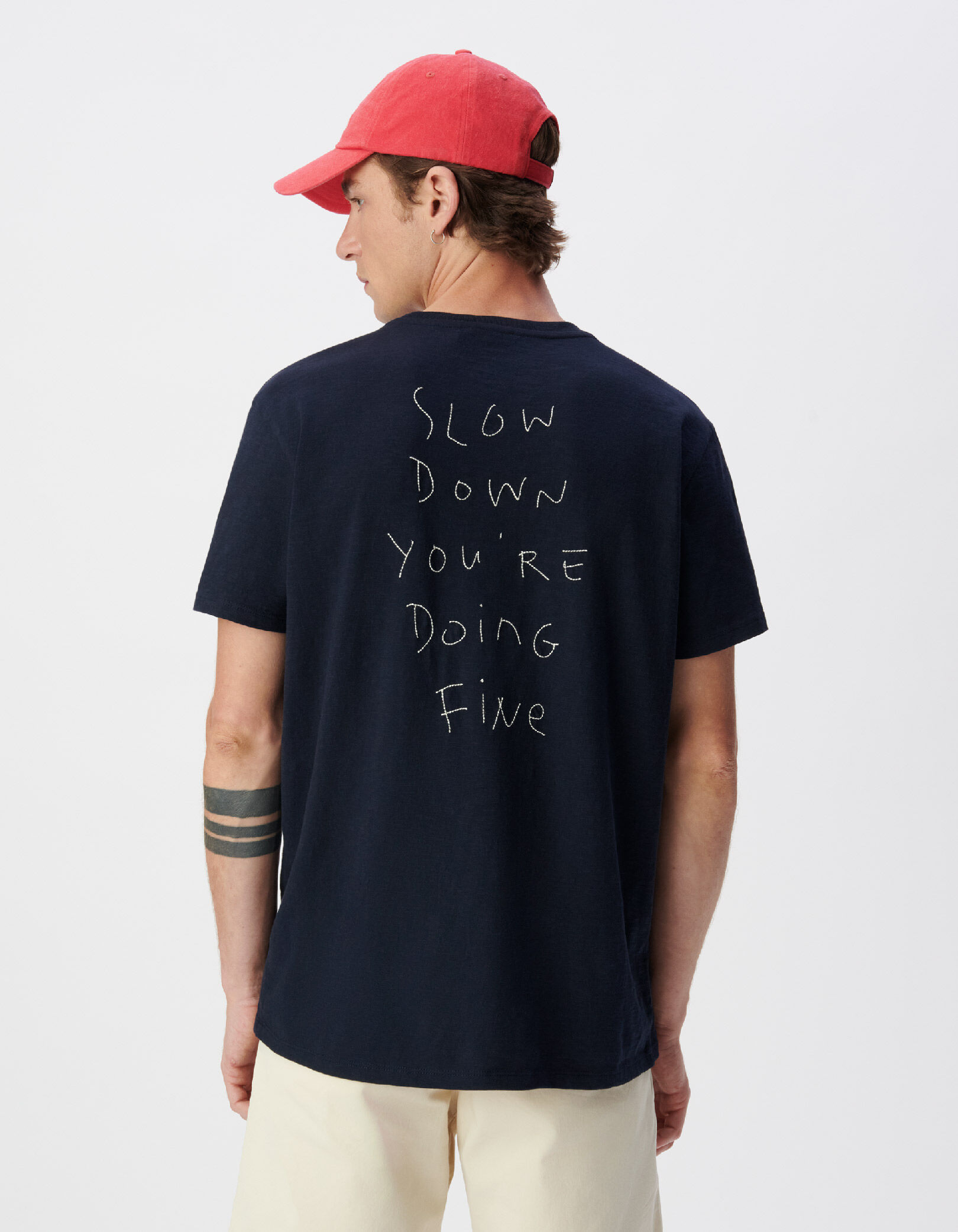 T-shirt marine flammé broderies devant dos Homme