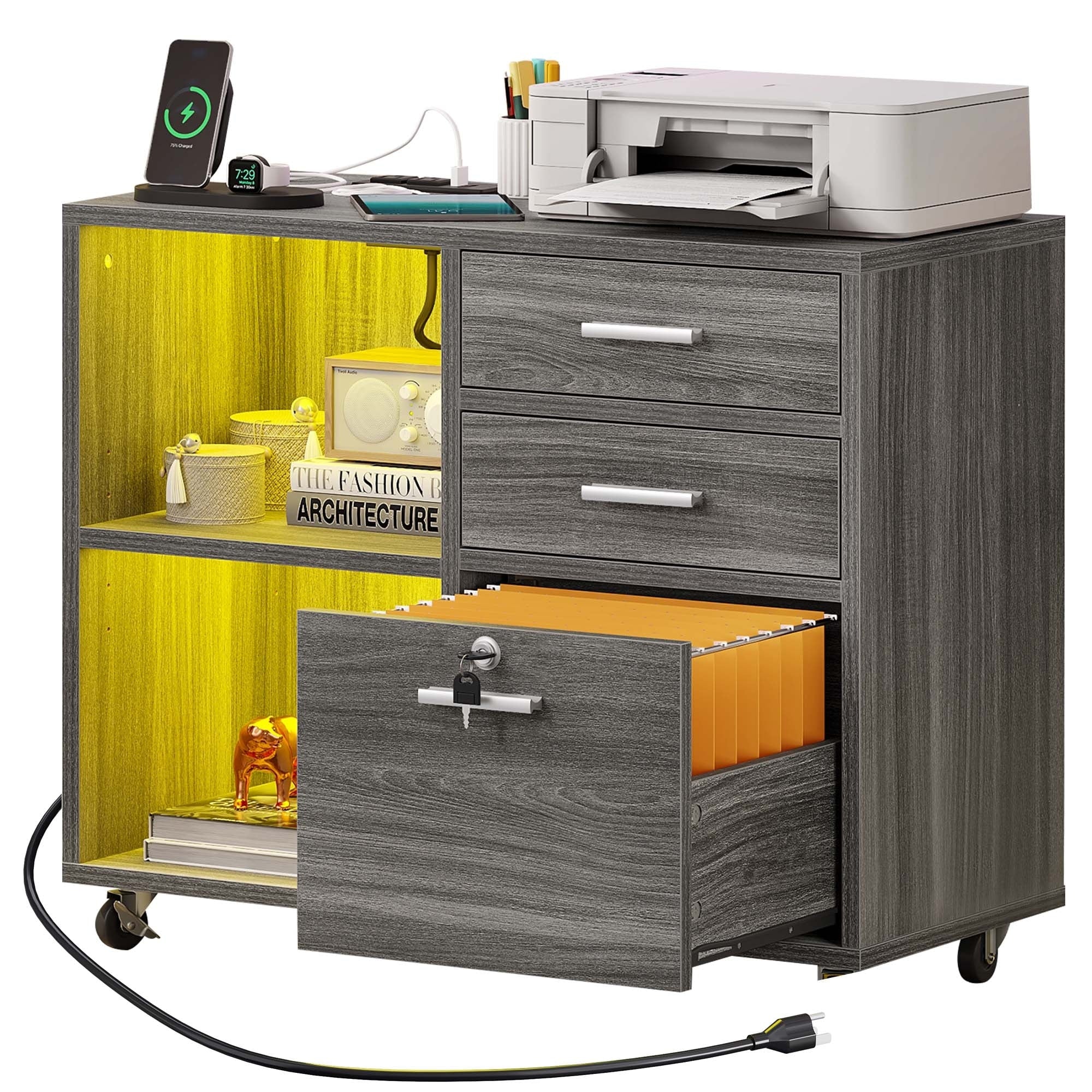 Moasis 3 Drawers Mobile Lateral LED Filing Cabinet with Charging Station for A4/Letter Size