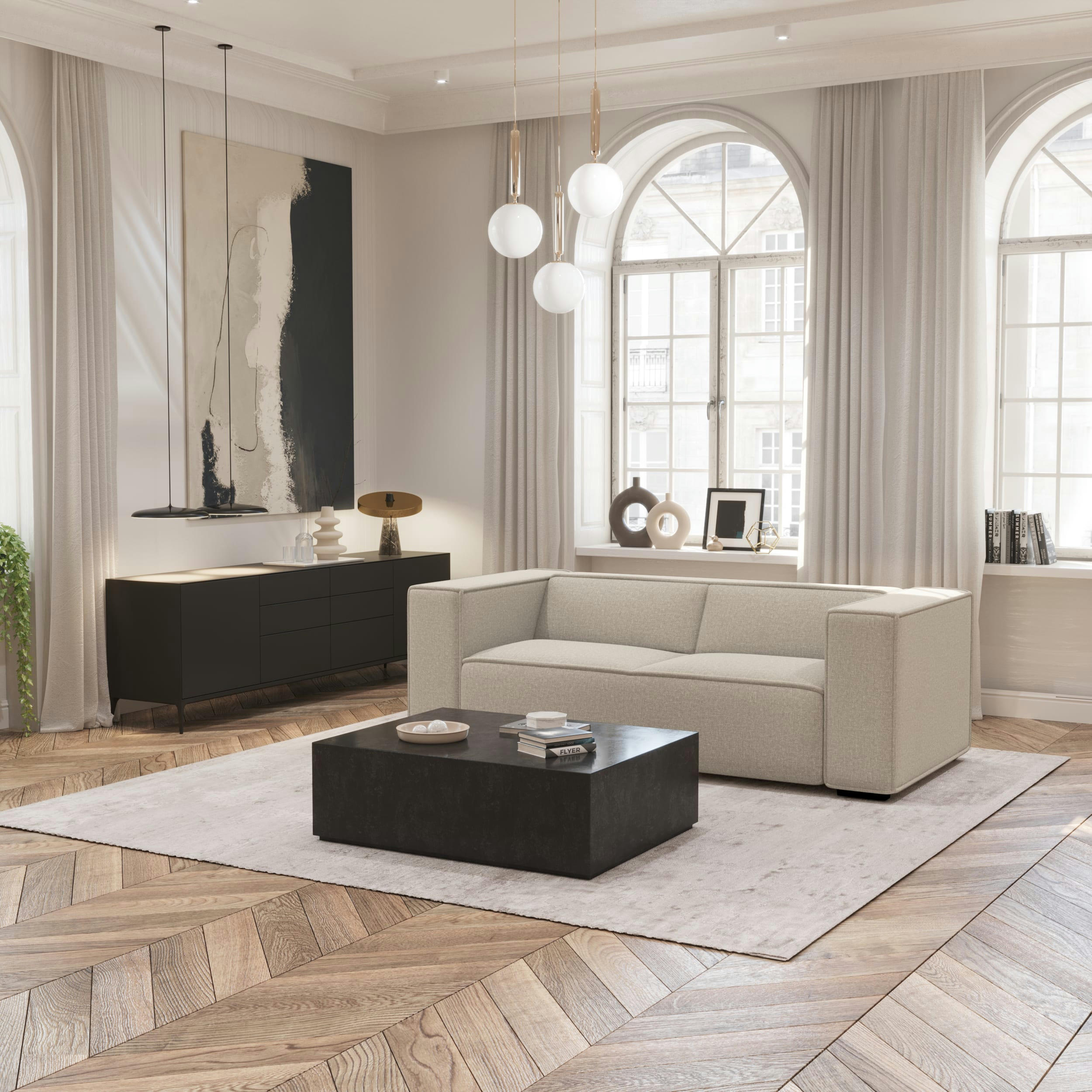 KAYA - Canapé 3 places tissu tramé beige