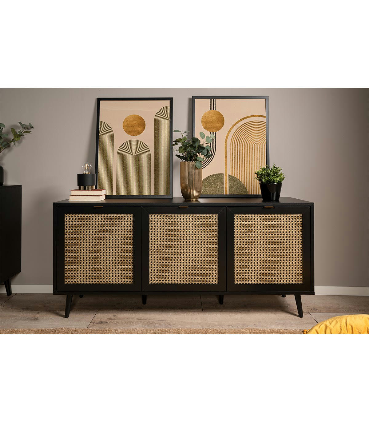 VILLA - Buffet 3 portes impression cannage et noir- L150 x H71 x P40 cm