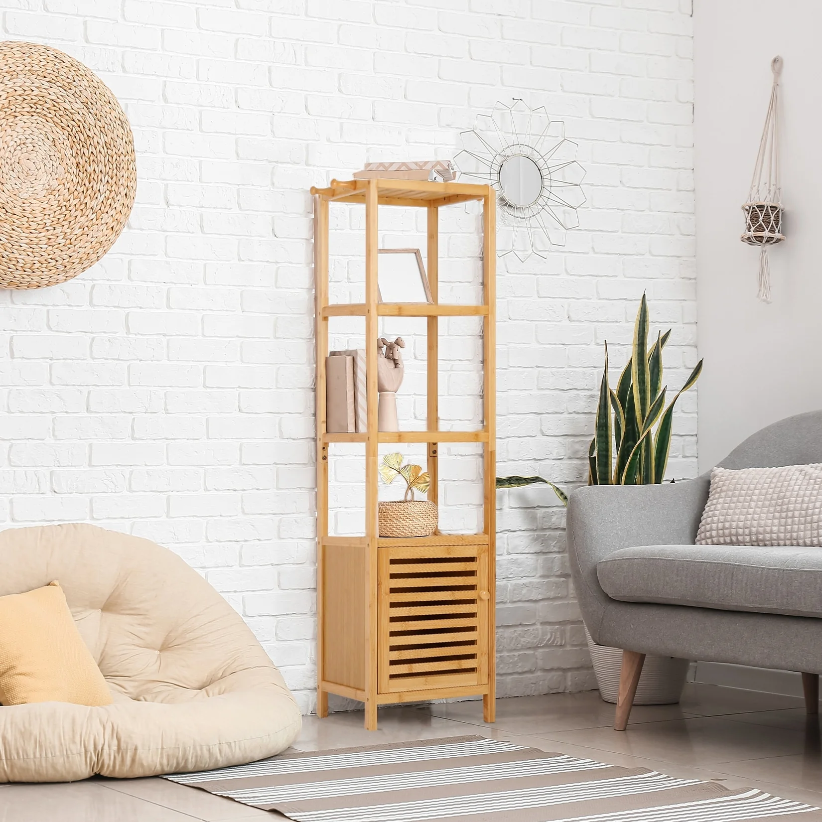 Tall Storage Cabinet with Shutter Door and 3 Tier Shelves Freestanding - 13.3 x 13 x 55