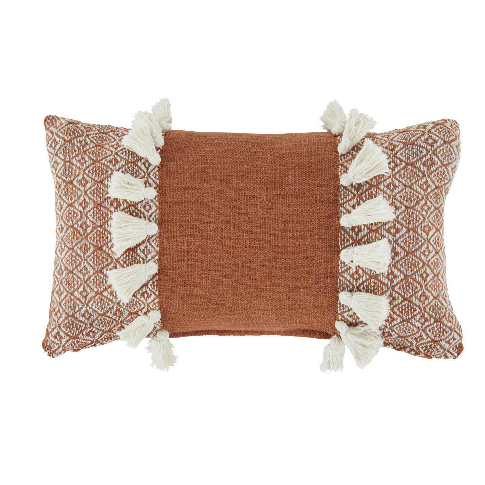 LIMANA - Coussin en coton recyclé tissé terracotta avec pompons 30x50