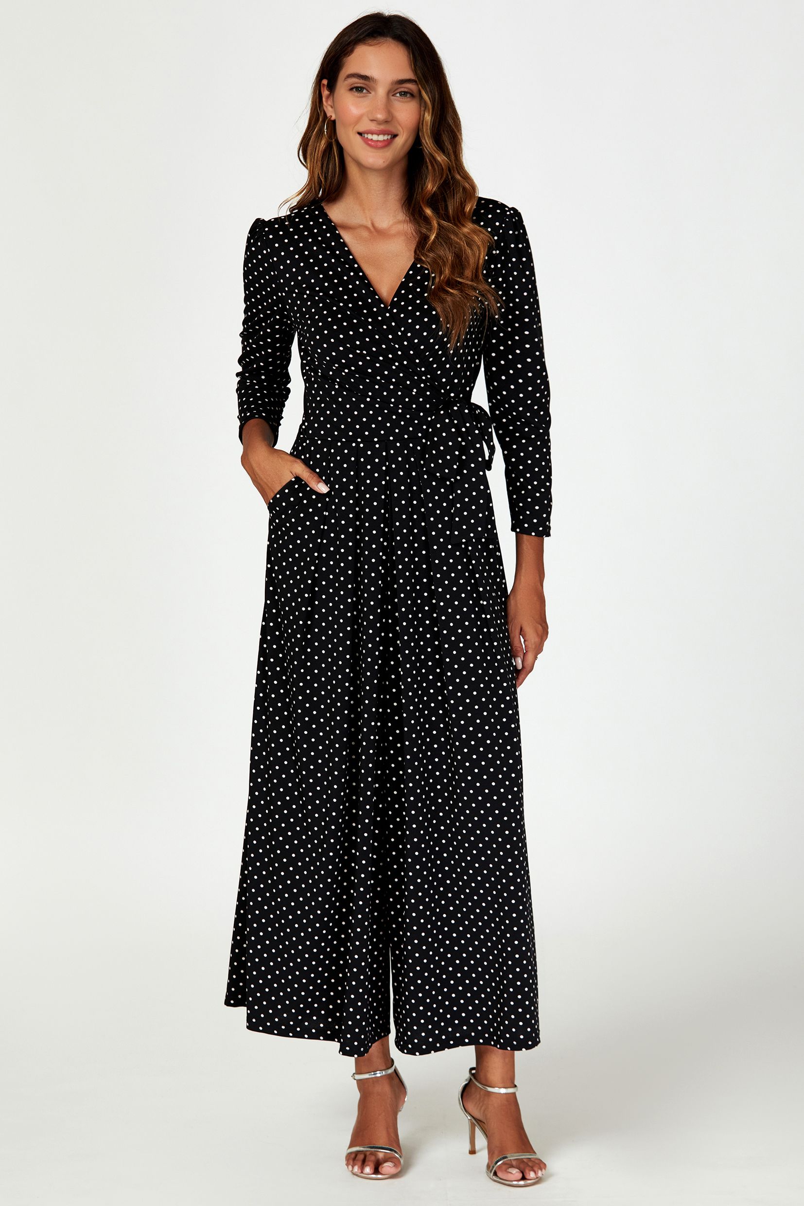 FS Collection Dot Print Wrap Top Jumpsuit Dress In Black