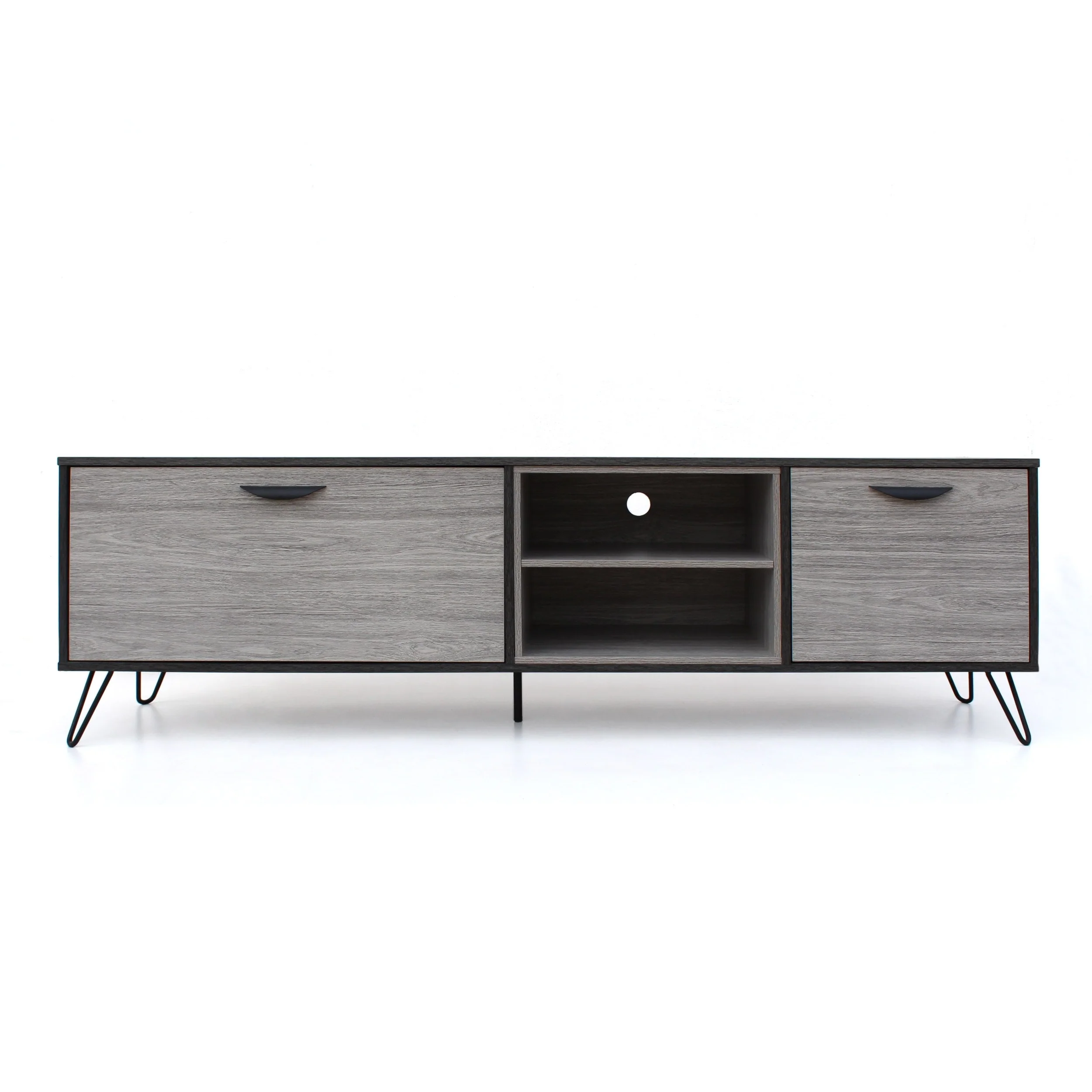 Roomfitters Modern TV Stand with Storage Cabinets and Open Shelves for Living Room or Entertainment Area, Gray Oak