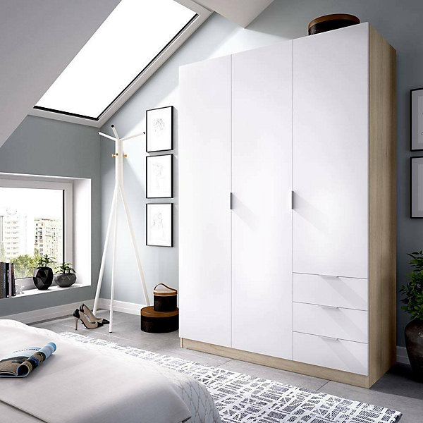 Armoire Allentown, Armoire de Chambre avec 3 Portes et 3 Tiroirs, Armoire avec Barre de Suspension, 121x52h180 cm, Blanc et Chêne