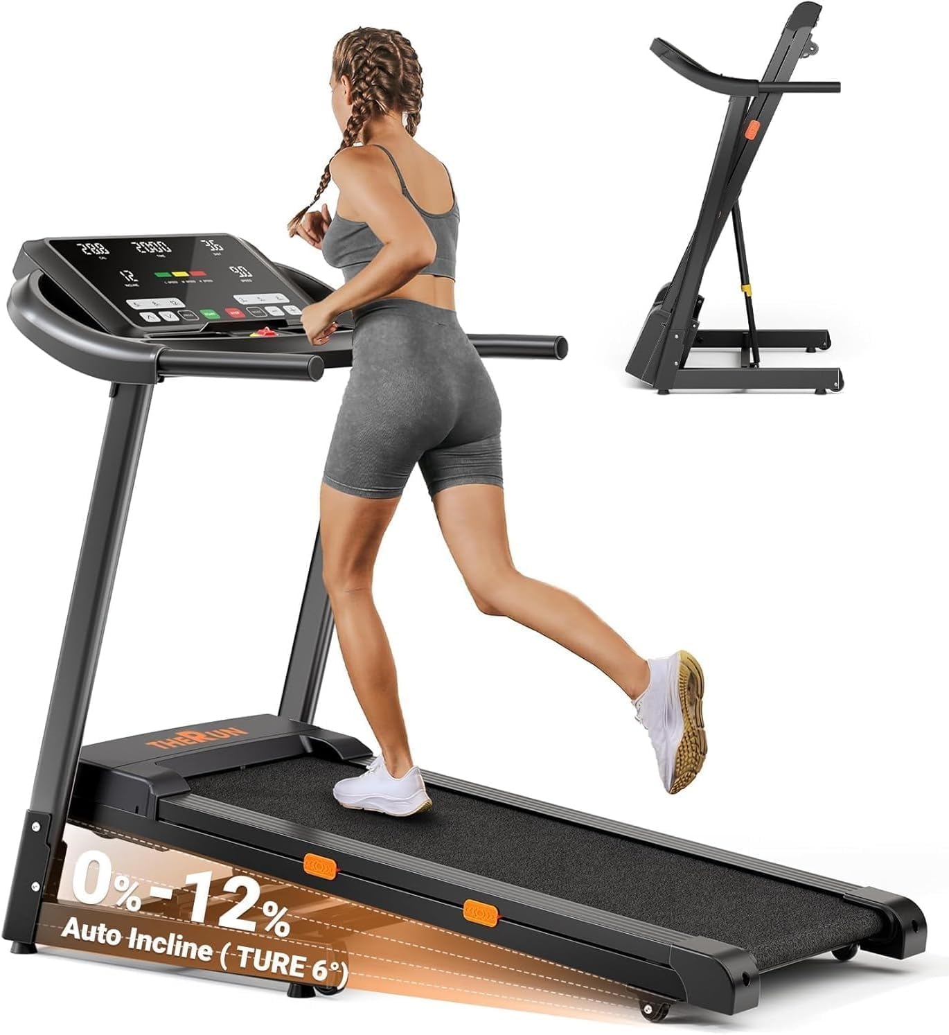 THERUN Incline Treadmill, 0-12% Auto Incline Treadmill for Running and Walking, 300 lbs Weight Capacity, Wide Belt,3.0HP,18 LED Screen, 2 Layers Shock-Absorbing