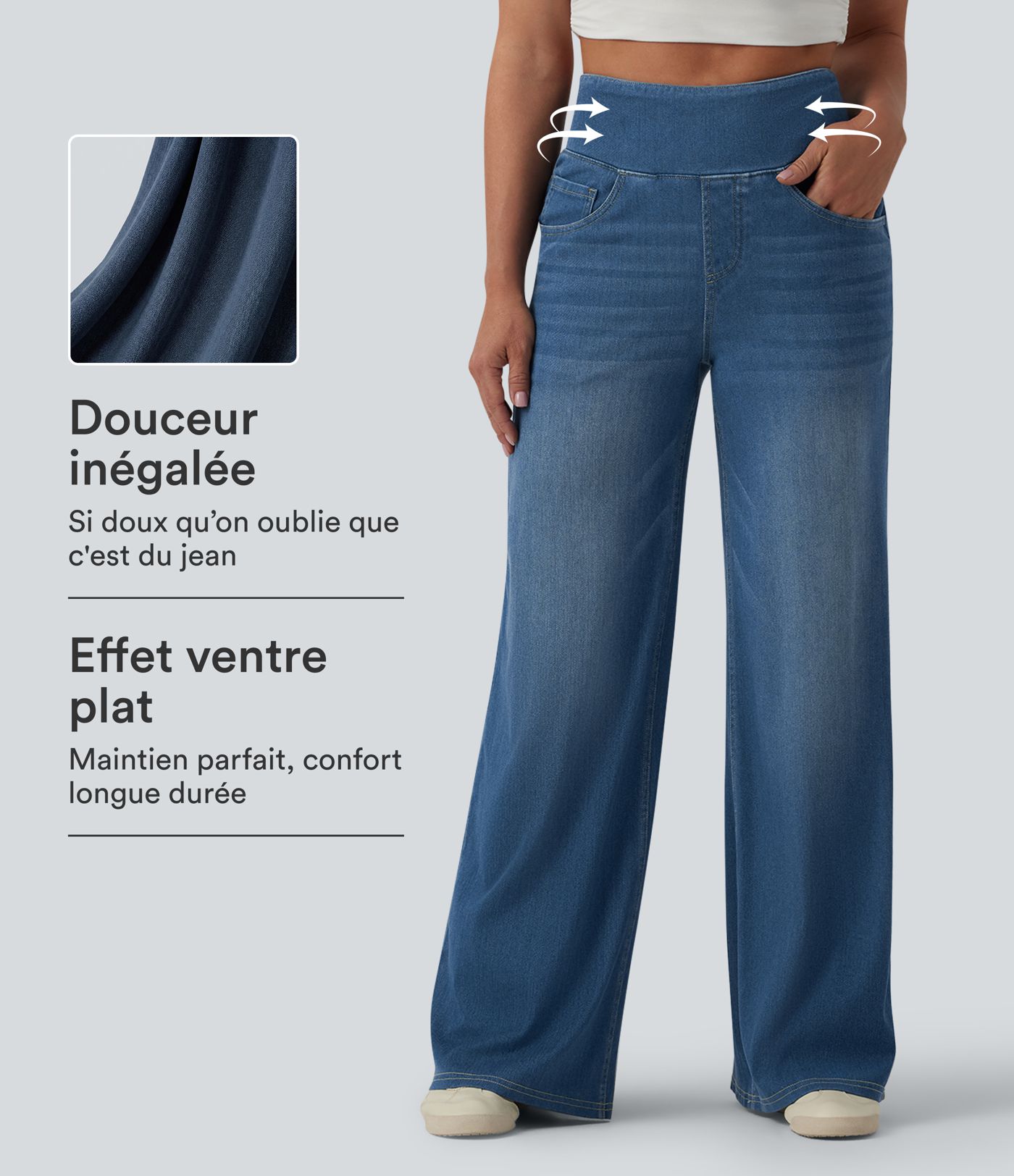 Halara Flex™ Jean large casual taille haute ventre plat, en lyocell drapé effet délavé, avec poches