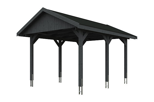 Carport SKAN HOLZ Wallgau 380 x 500 cm, traitement coloré gris ardoise, avec bardeaux noirs