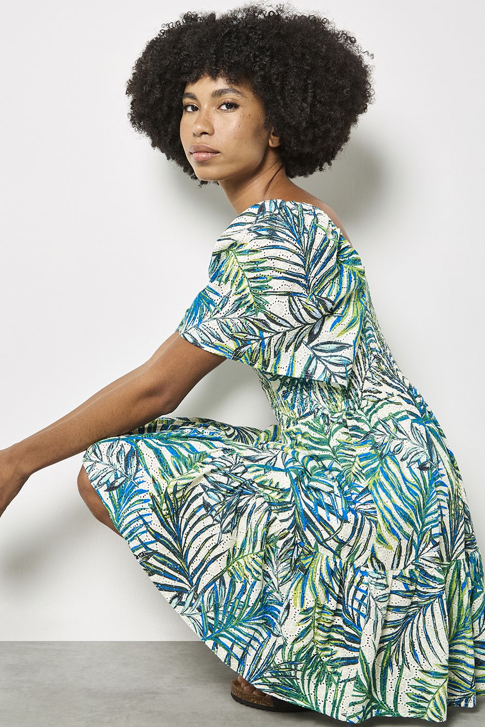 Apricot Palm Print Cotton Broderie Mini Dress