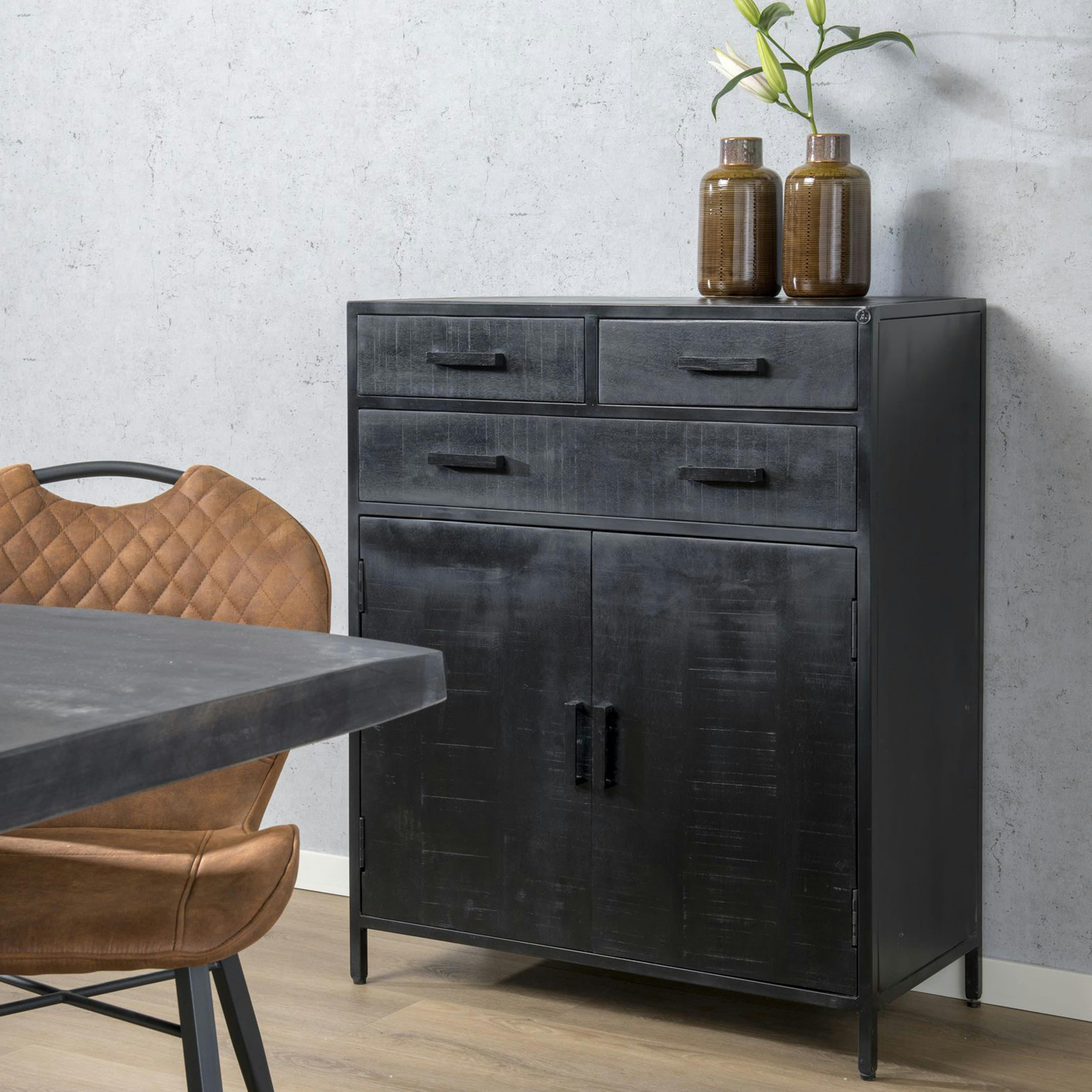 UZES - UZES-Bahut haut 2 portes 3 tiroirs, Manguier massif noir et métal