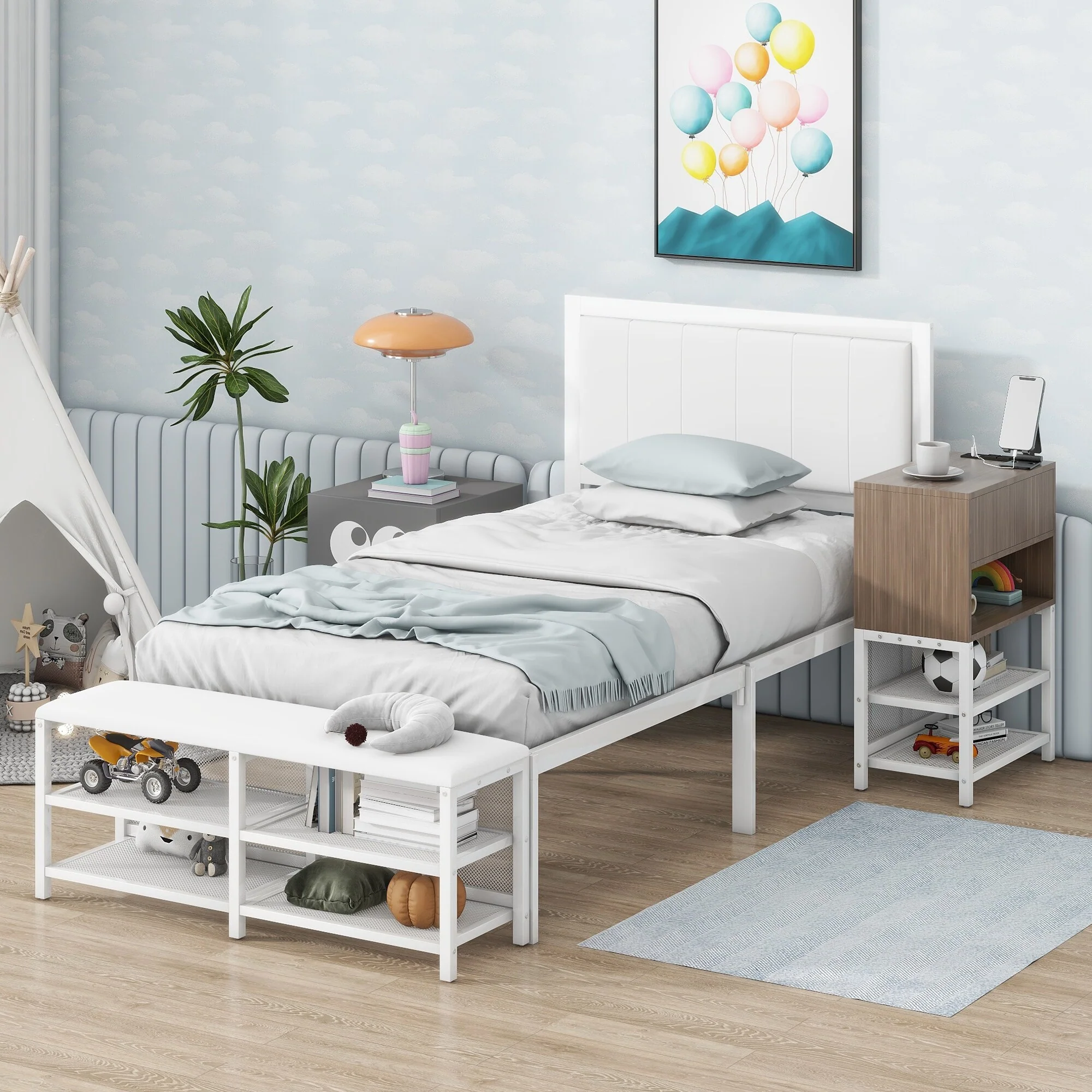 Full-Size Upholstered Metal Platform Bed with Dual Storage Shelves, Wooden Cabinet, and Cushioned Footrest