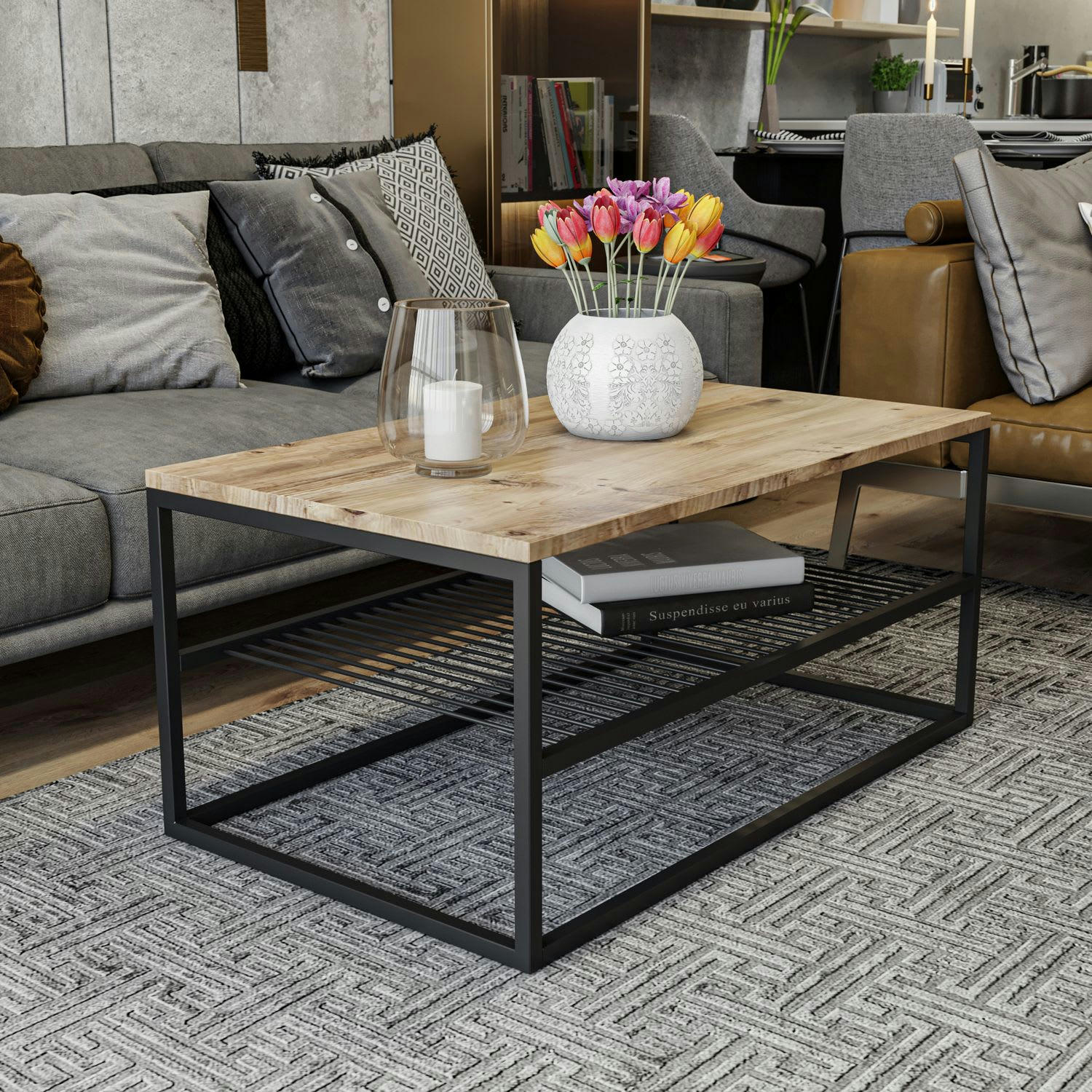 - Table basse en panneaux de particules et acier avec 1 étagère beige