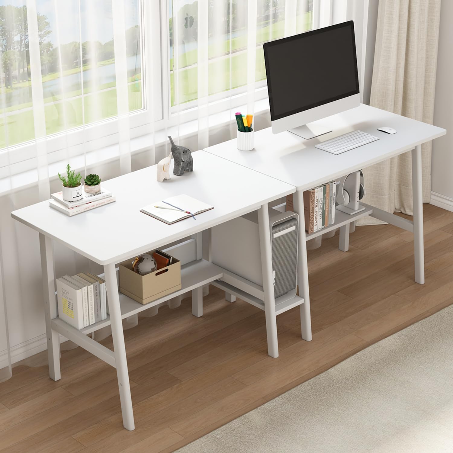 2-Person Writing Desk with Bookshelf - 79 Wooden Extra Long Home Office Work Table, Double Study Computer Workstation with Storage Shelves in White, 79 W x 24 D