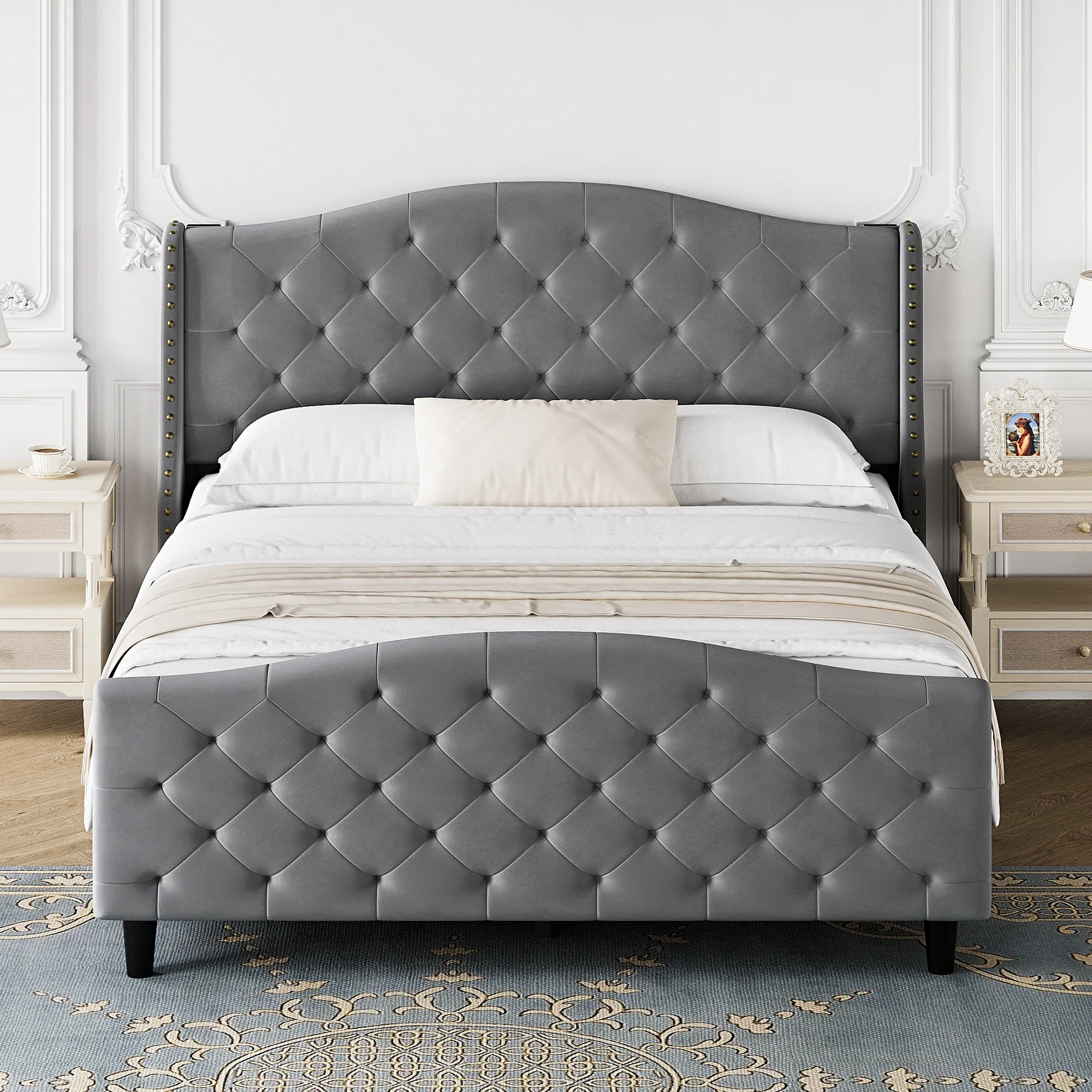 Bed Frame With Velvet Upholstered Headboard And Footboard