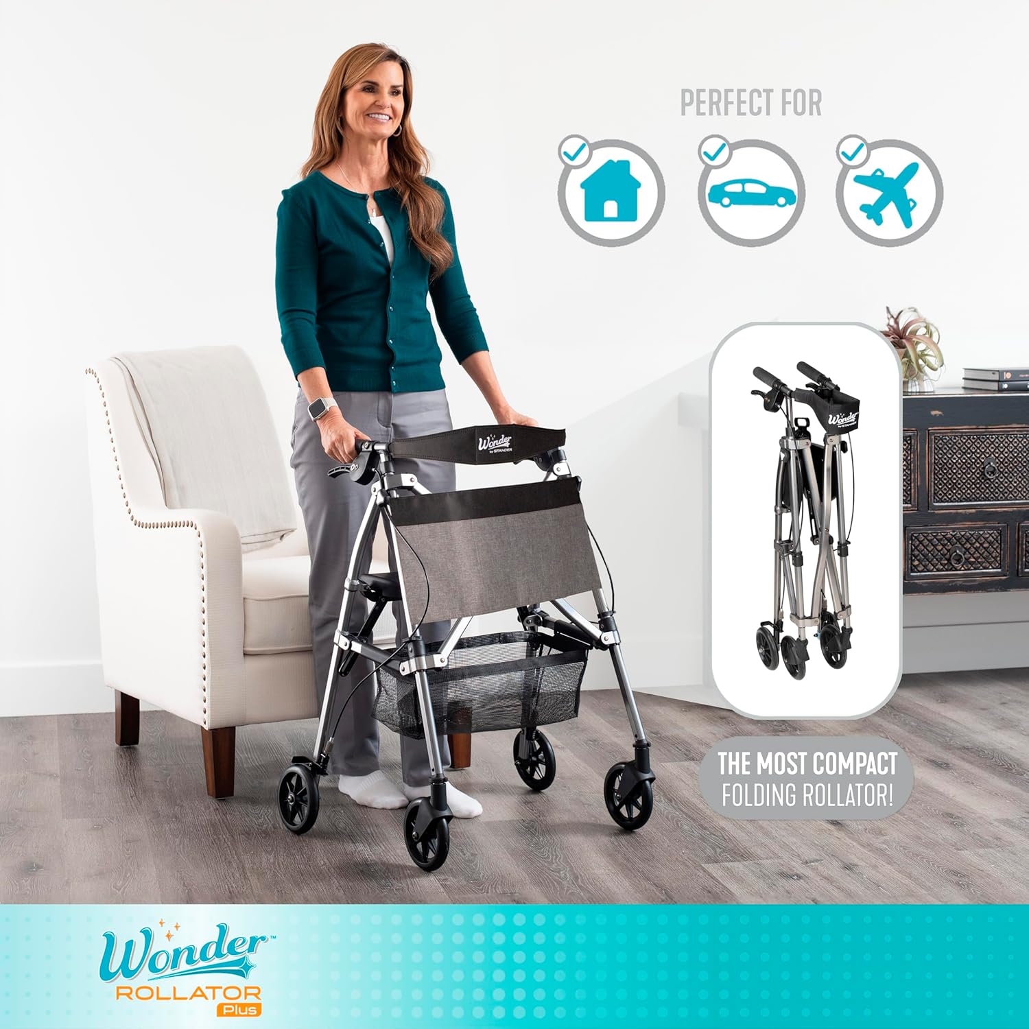 Stander Wonder Rollator Plus, Lightweight Folding Mobility Rolling-Walker, EZ Fold-N-Go-Rollator for Seniors and Adults, 6-inch Wheels, Locking Brakes and Padded Seat with Backrest, Black Walnut