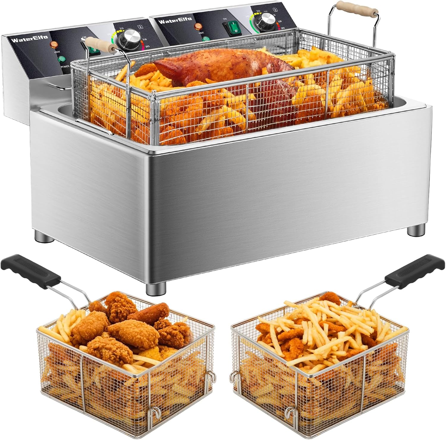 WaterElfo electric turkey fryer Commercial deep fryer with basket 3600W27.4QT with timer26L deepen deep fryer Variable twin cylinder 13.7QT*2 Rapid heating