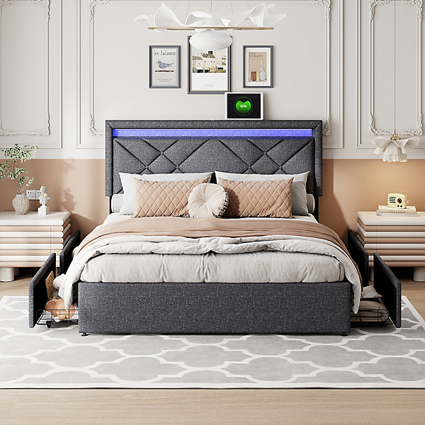 Lit 160x200 avec LED et USB, Lit Double avec à Lattes, Lit capitonné 160x200cm avec 4 tiroirs et Grand Rangement Lit, Gris