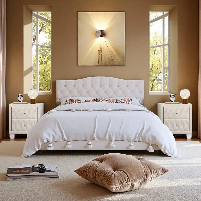 3-Pieces Bedroom Sets,Upholstered Platform Bed with Saddle Curved Headboard and Diamond Tufted Details,and 2 Nightstand