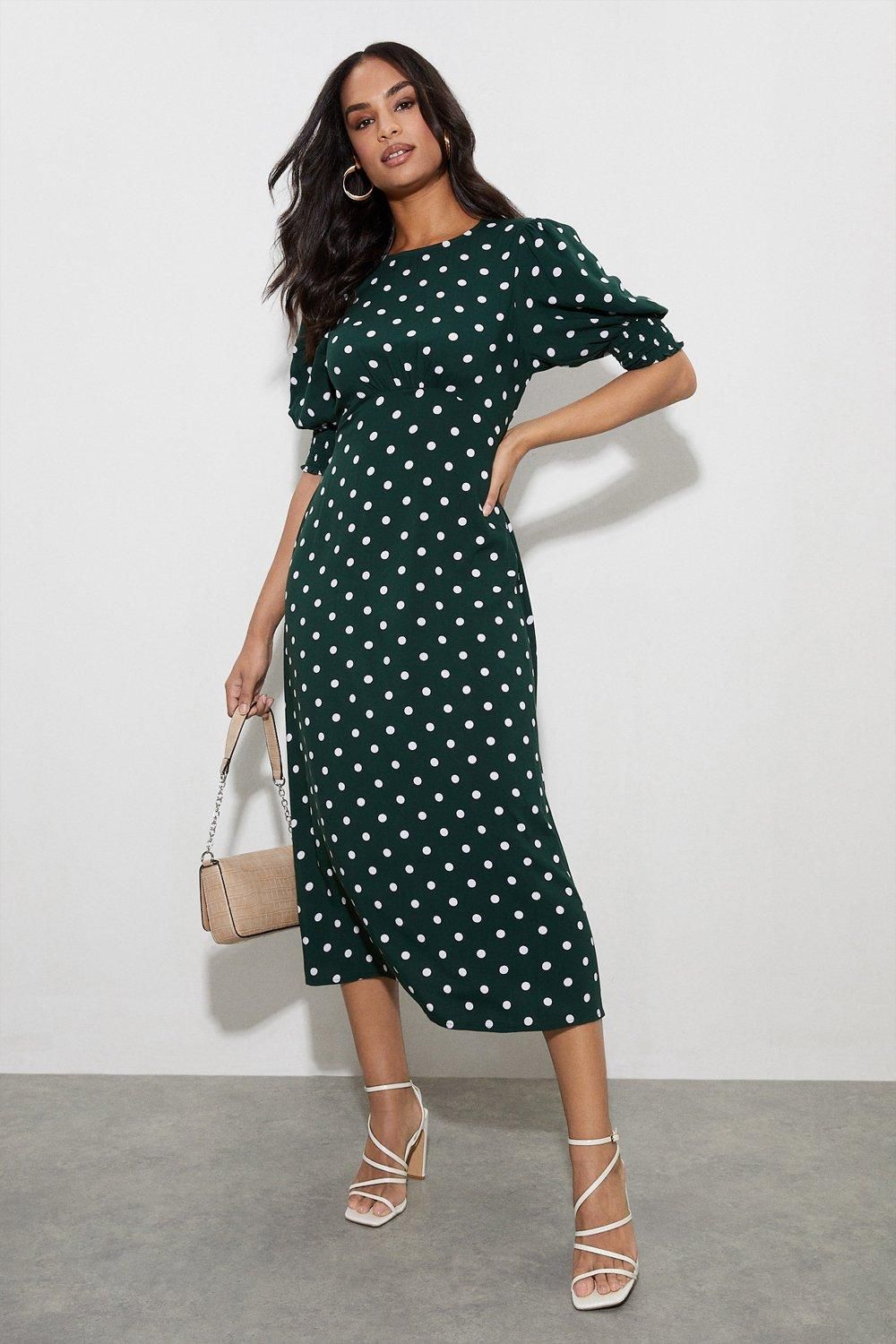 Dorothy Perkins Green Spot Shirred Cuff Midi Dress