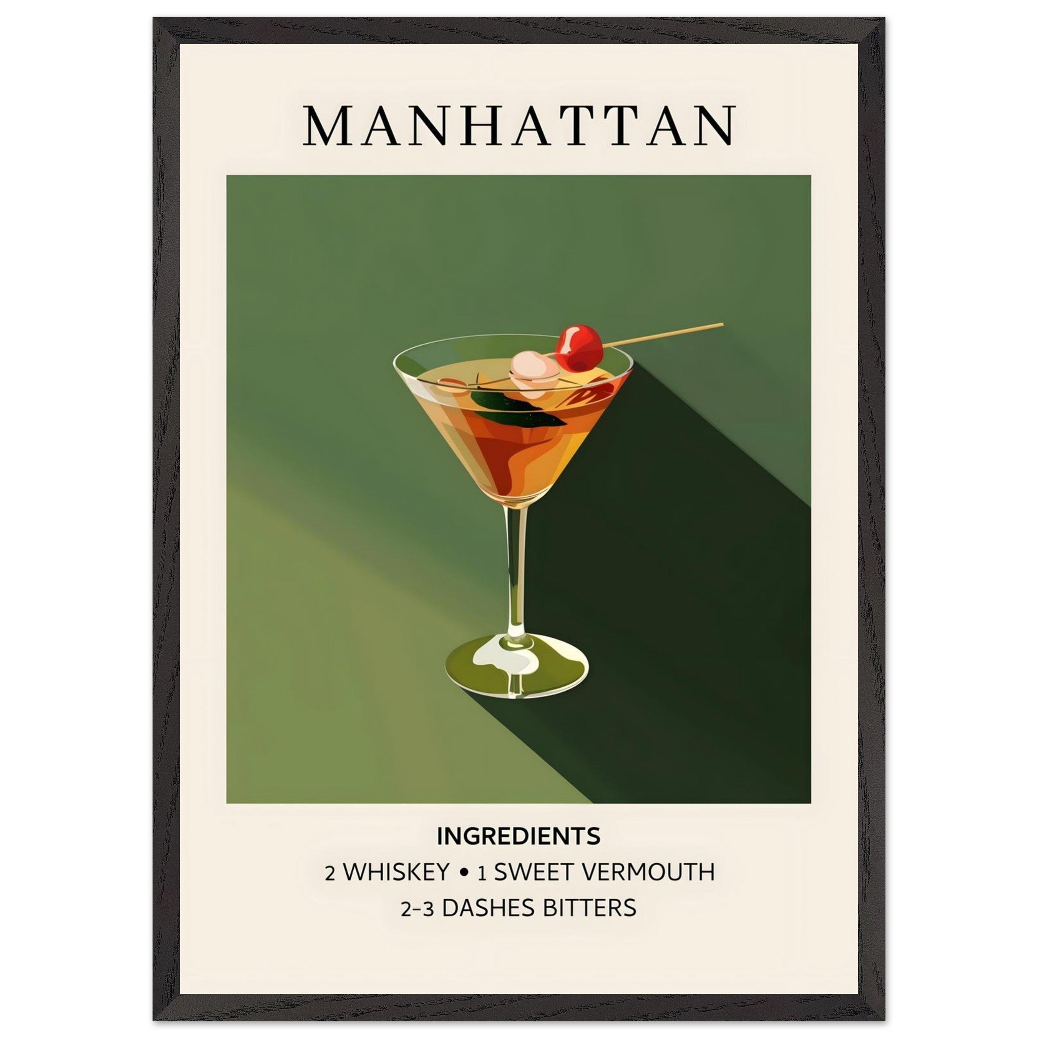 Artfulprints Poster met Lijst Manhattan cocktail - Ingrediënten  - 50x70 cm - Groen