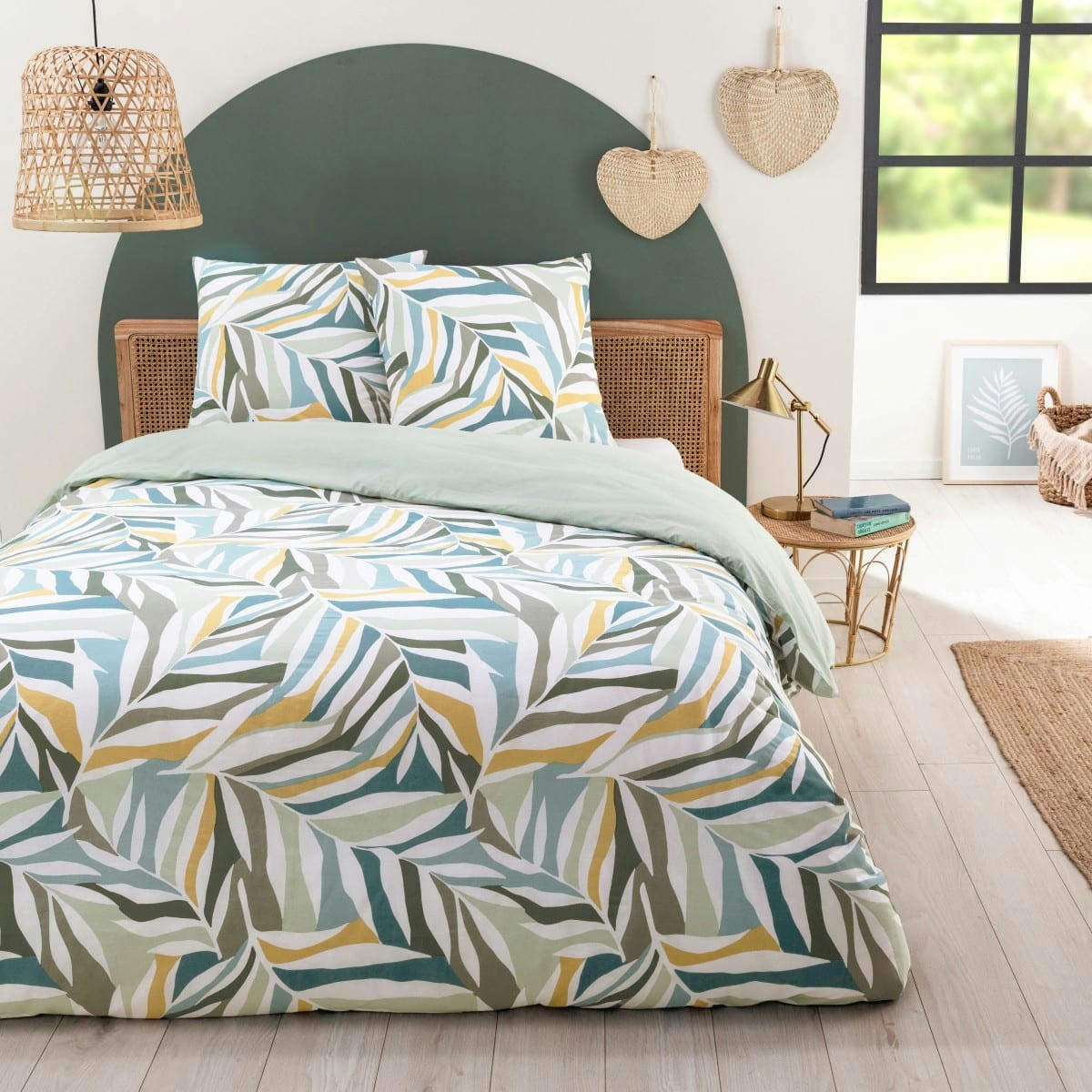 LEONCE - Parure de lit 2 personnes coton  imprimé vert 260x240cm